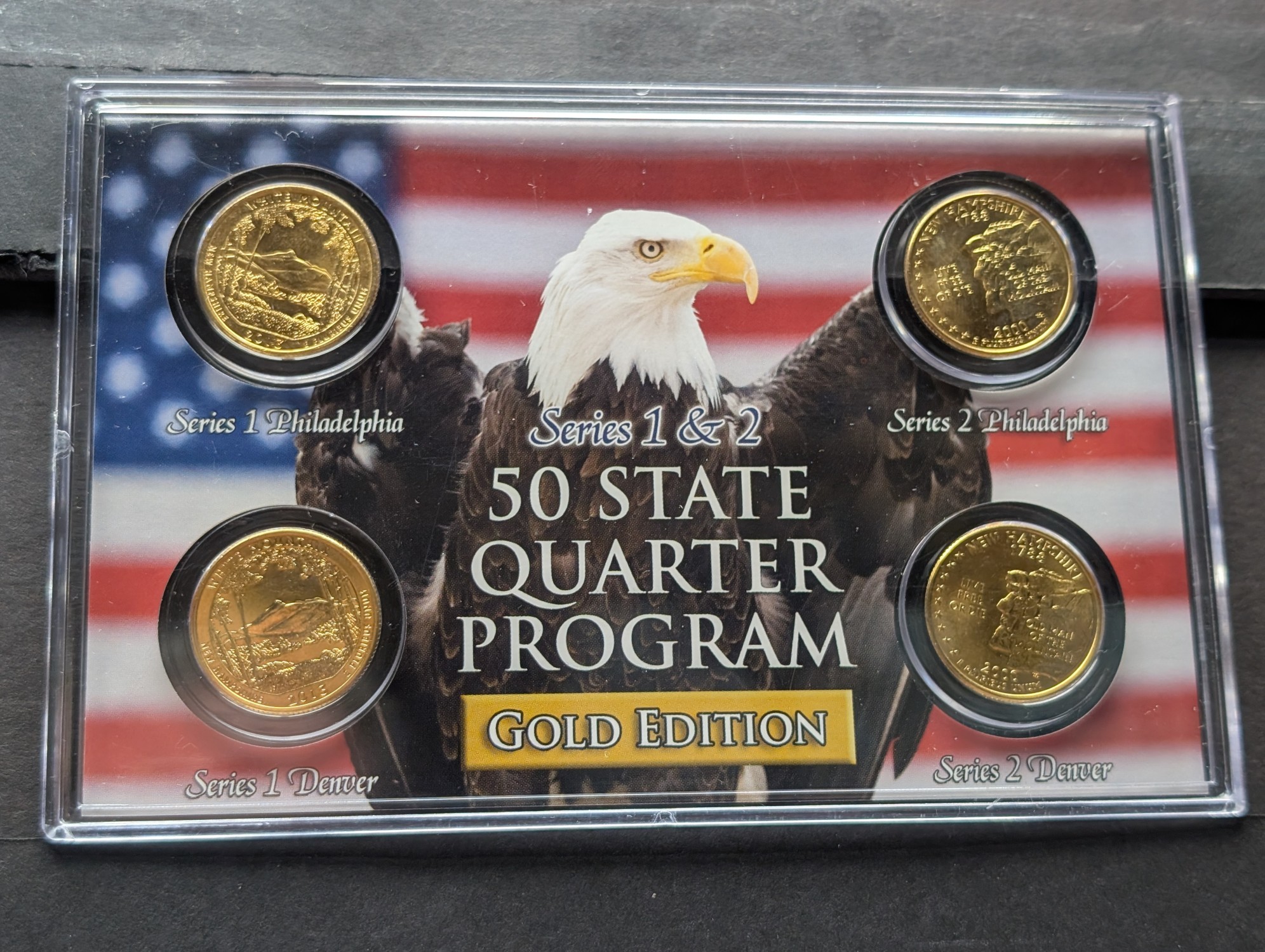 Gold (LAYERED) P&D Mint 2000 New Hampshire Statehood & 2013 White Mountain ATB Park Quarter 4-Coin Collection in Protective Plastic Case w/ 