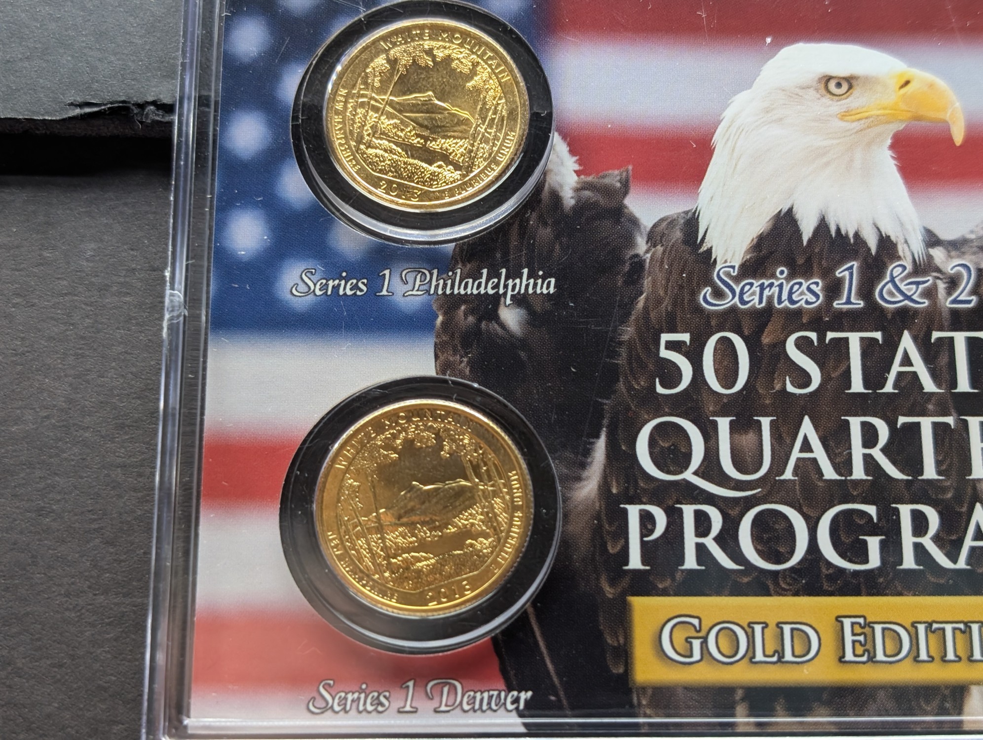 Gold (LAYERED) P&D Mint 2000 New Hampshire Statehood & 2013 White Mountain ATB Park Quarter 4-Coin Collection in Protective Plastic Case w/ 