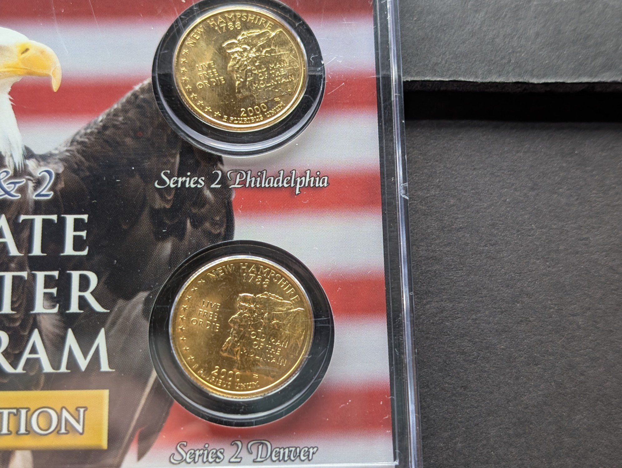 Gold (LAYERED) P&D Mint 2000 New Hampshire Statehood & 2013 White Mountain ATB Park Quarter 4-Coin Collection in Protective Plastic Case w/ 