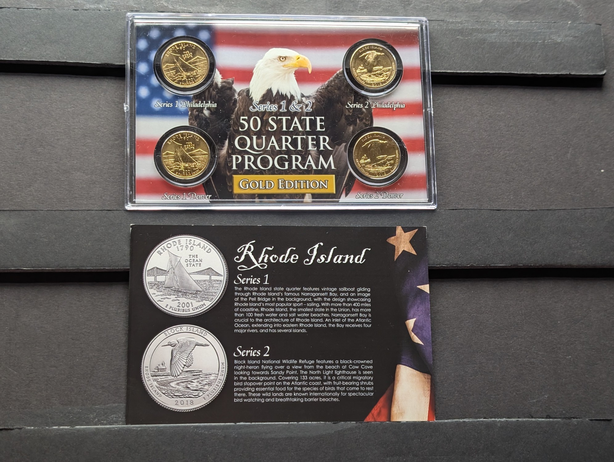 Gold (LAYERED) P&D Mint 2001 Rhode Island Statehood & 2018 Block Island ATB Park Quarter 4-Coin Collection in Protective Plastic Case w/ COA