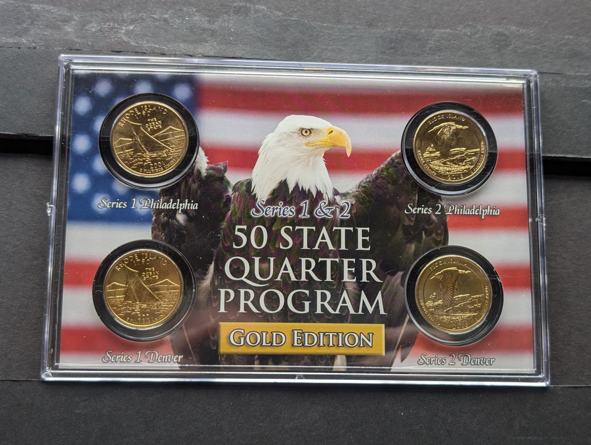Gold (LAYERED) P&D Mint 2001 Rhode Island Statehood & 2018 Block Island ATB Park Quarter 4-Coin Collection in Protective Plastic Case w/ COA