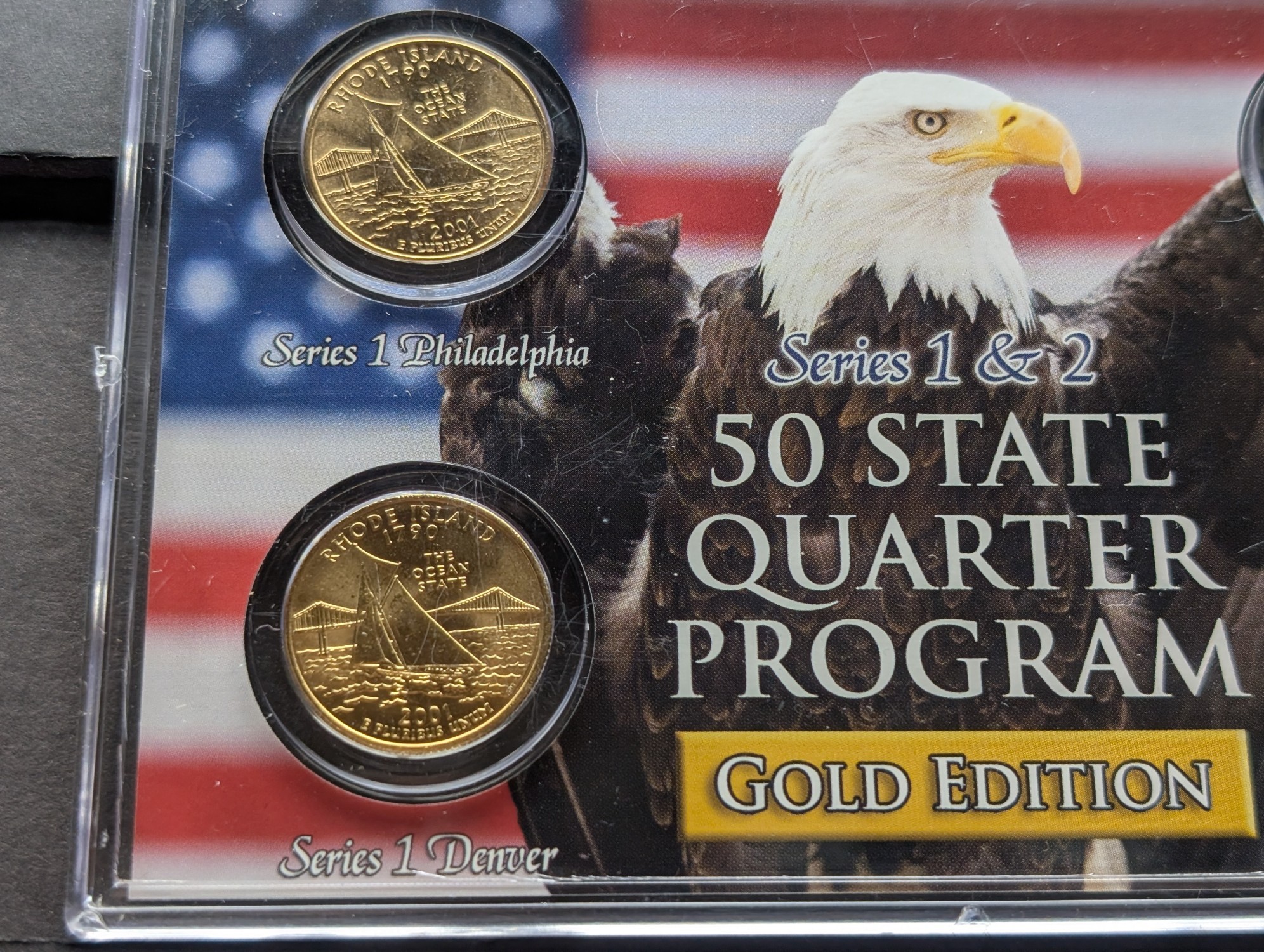 Gold (LAYERED) P&D Mint 2001 Rhode Island Statehood & 2018 Block Island ATB Park Quarter 4-Coin Collection in Protective Plastic Case w/ COA