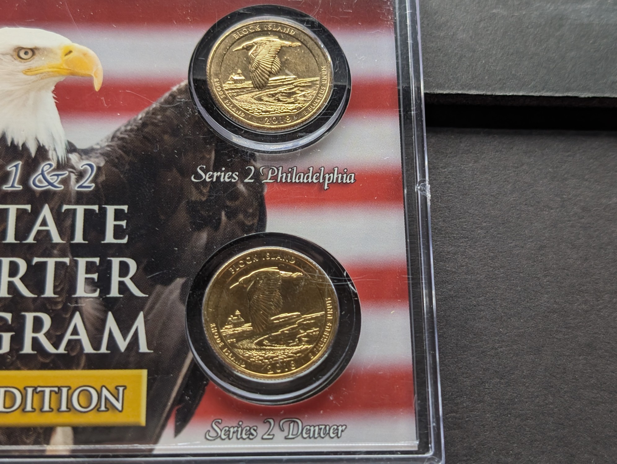 Gold (LAYERED) P&D Mint 2001 Rhode Island Statehood & 2018 Block Island ATB Park Quarter 4-Coin Collection in Protective Plastic Case w/ COA