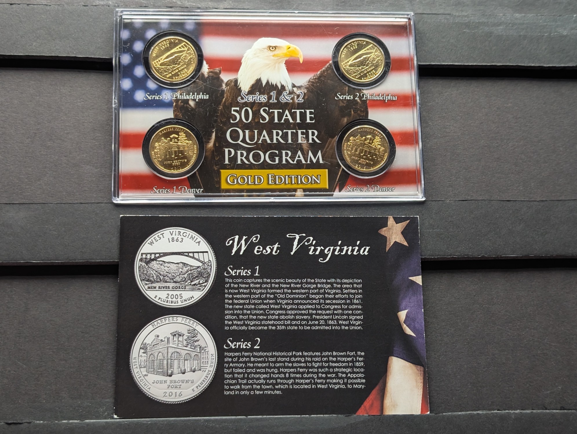 Gold (LAYERED) P&D Mint 2005 West Virginia Statehood & 2016 Harpers Ferry ATB Park Quarter 4-Coin Collection in Protective Plastic Case w/ C