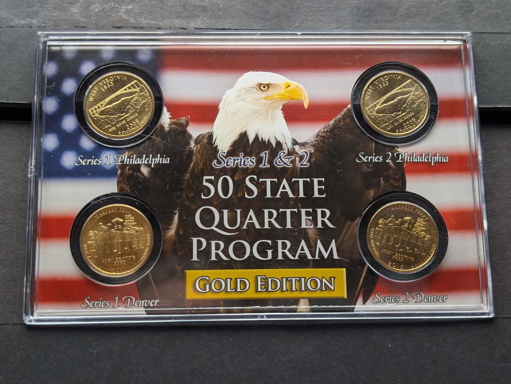 Gold (LAYERED) P&D Mint 2005 West Virginia Statehood & 2016 Harpers Ferry ATB Park Quarter 4-Coin Collection in Protective Plastic Case w/ C