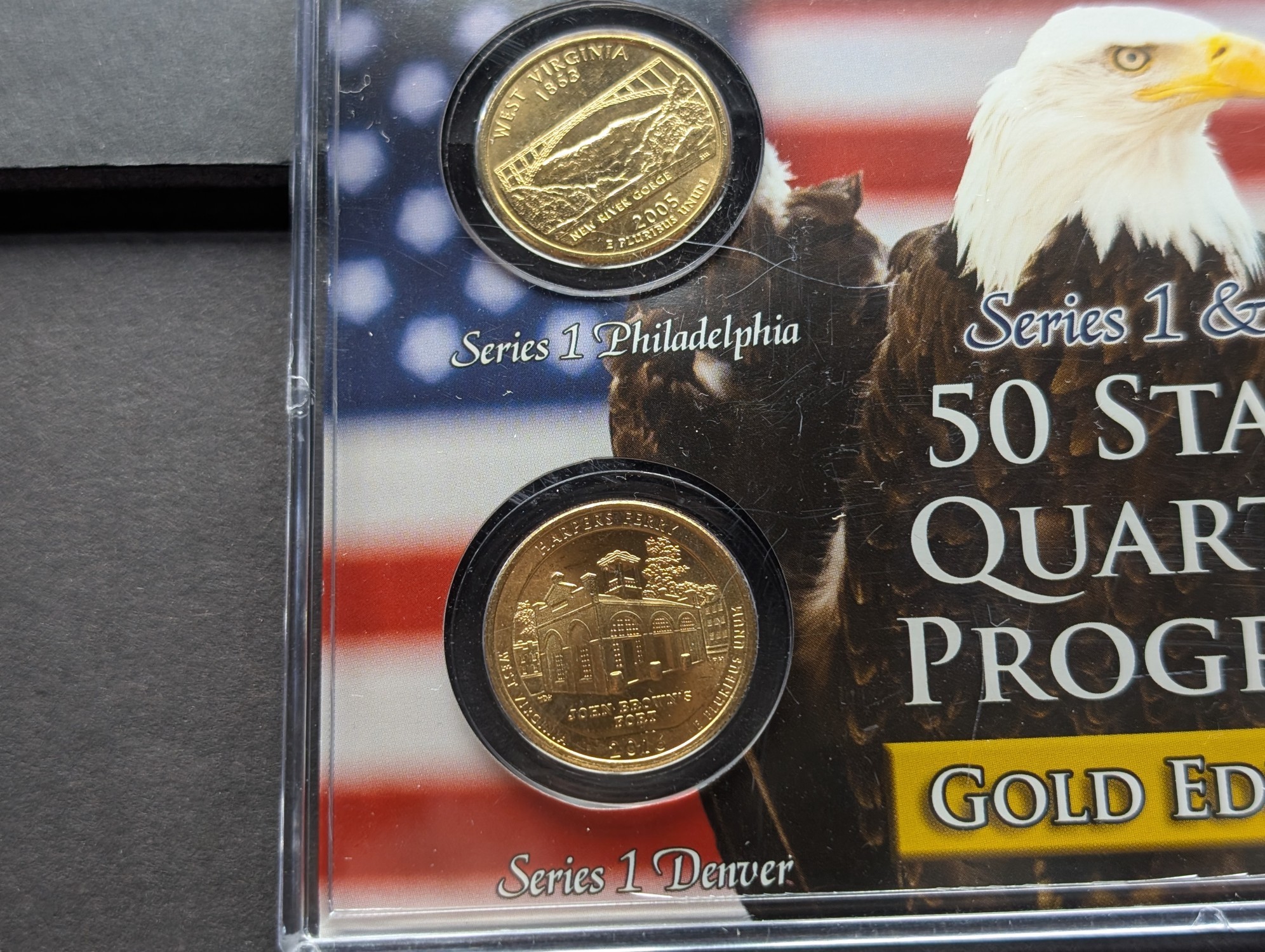 Gold (LAYERED) P&D Mint 2005 West Virginia Statehood & 2016 Harpers Ferry ATB Park Quarter 4-Coin Collection in Protective Plastic Case w/ C