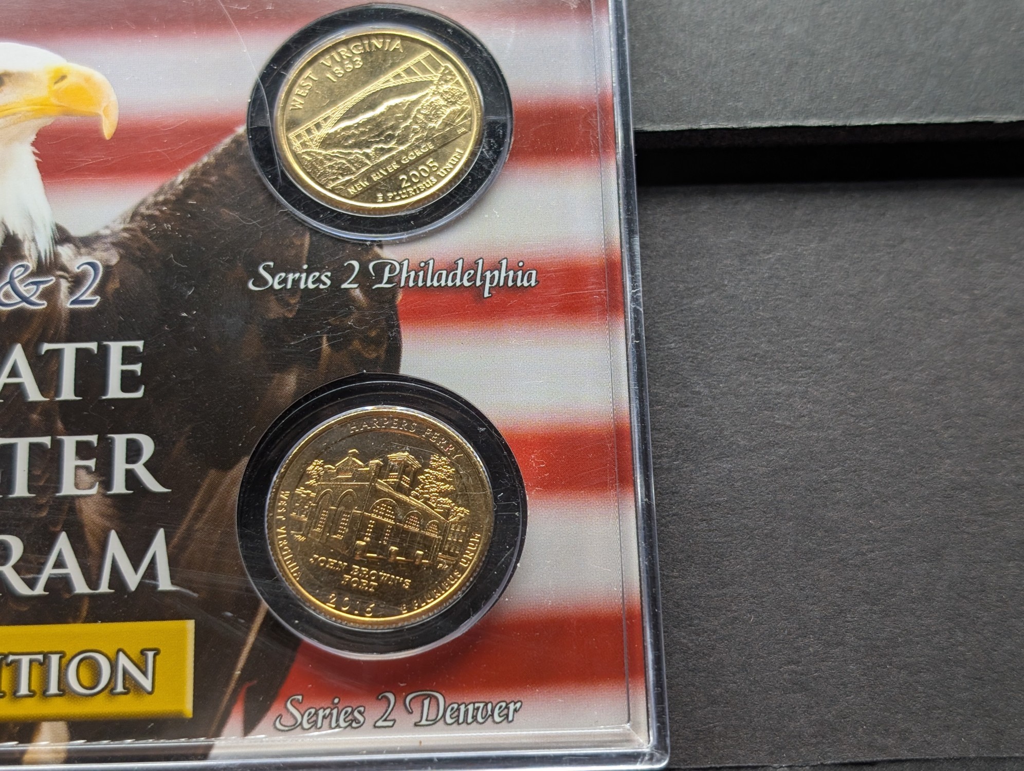 Gold (LAYERED) P&D Mint 2005 West Virginia Statehood & 2016 Harpers Ferry ATB Park Quarter 4-Coin Collection in Protective Plastic Case w/ C