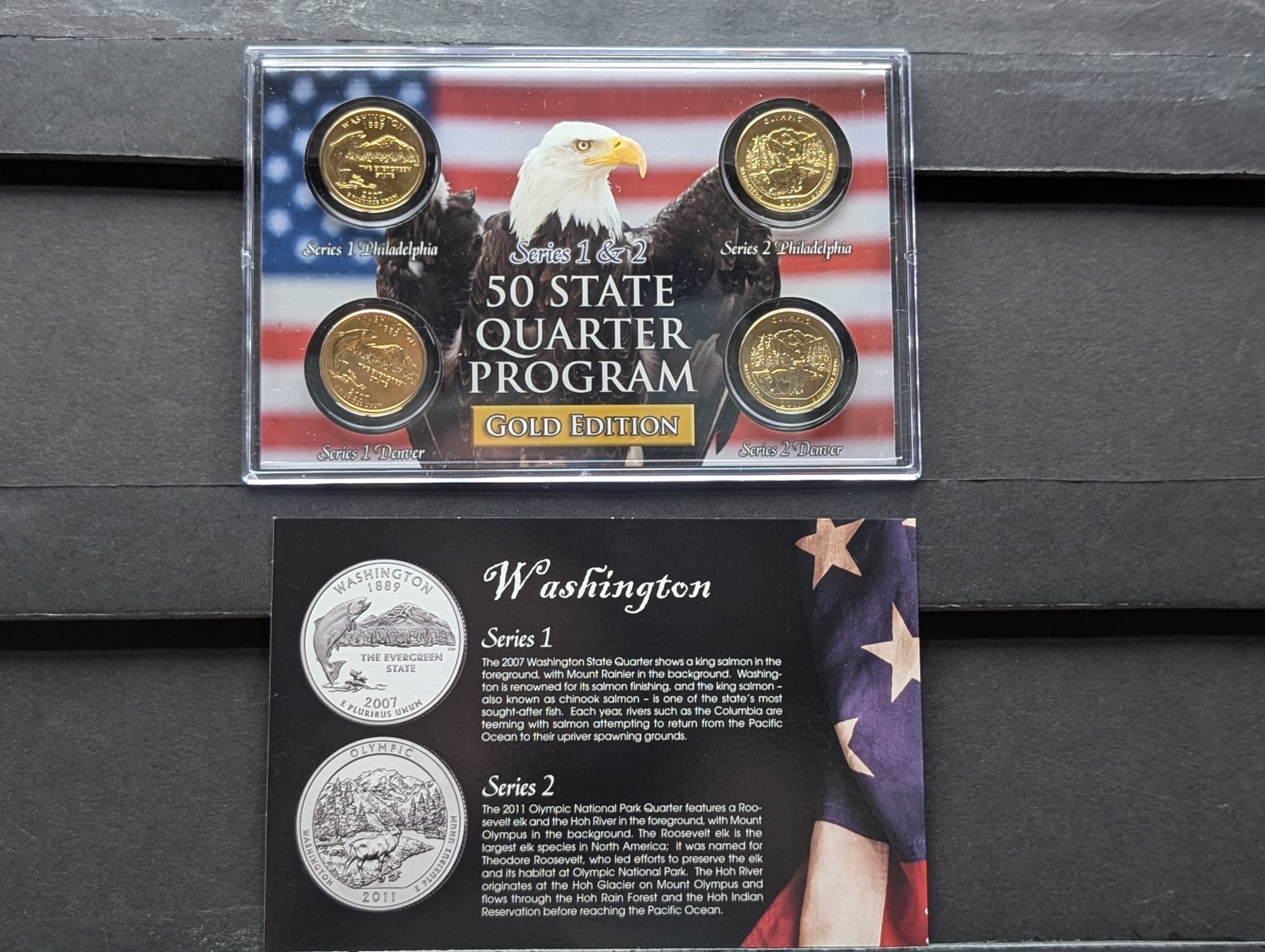 Gold (LAYERED) P&D Mint 2007 Washington Statehood & 2011 Olympic ATB Park Quarter 4-Coin Collection in Protective Plastic Case w/ COA