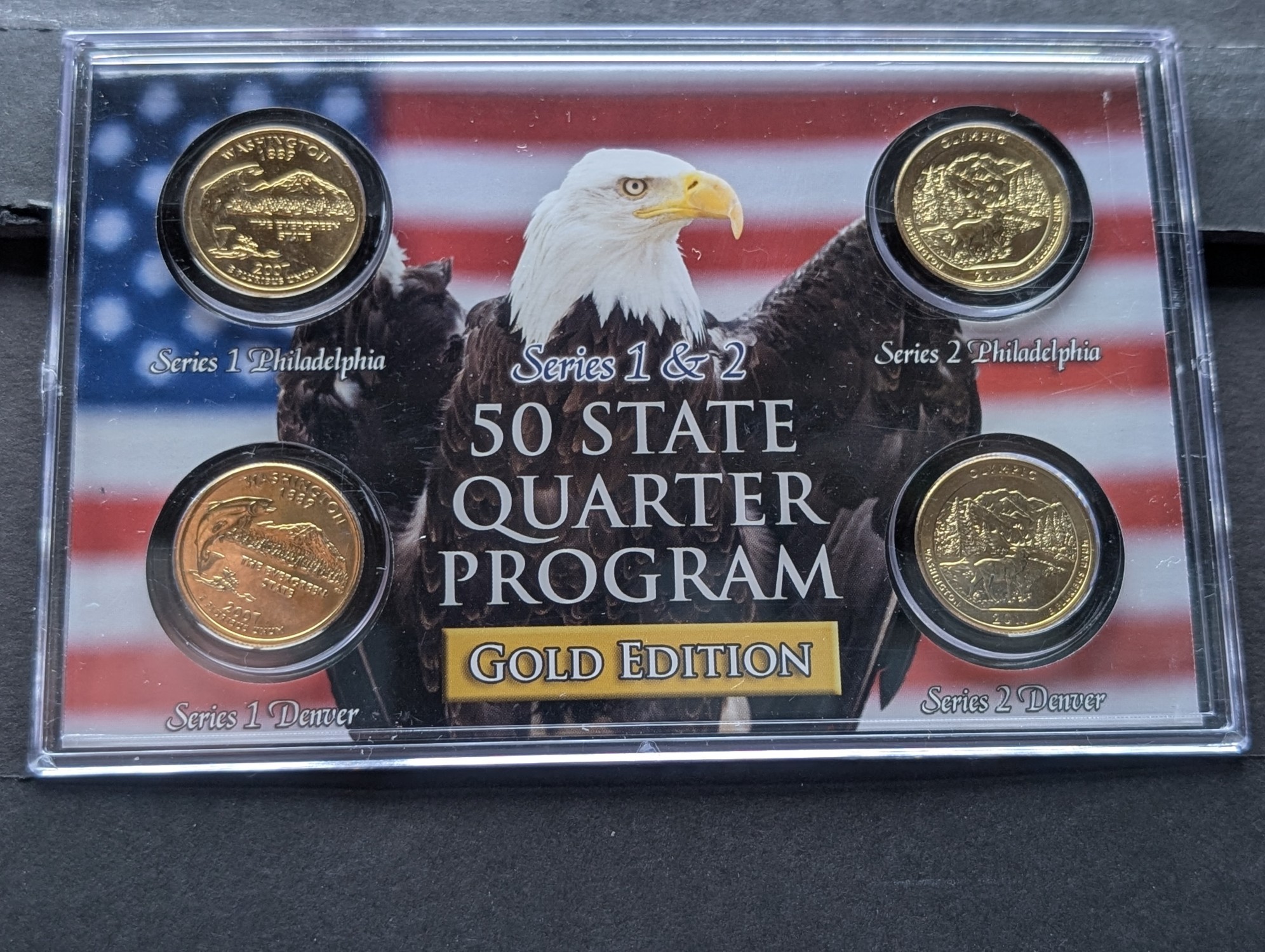 Gold (LAYERED) P&D Mint 2007 Washington Statehood & 2011 Olympic ATB Park Quarter 4-Coin Collection in Protective Plastic Case w/ COA