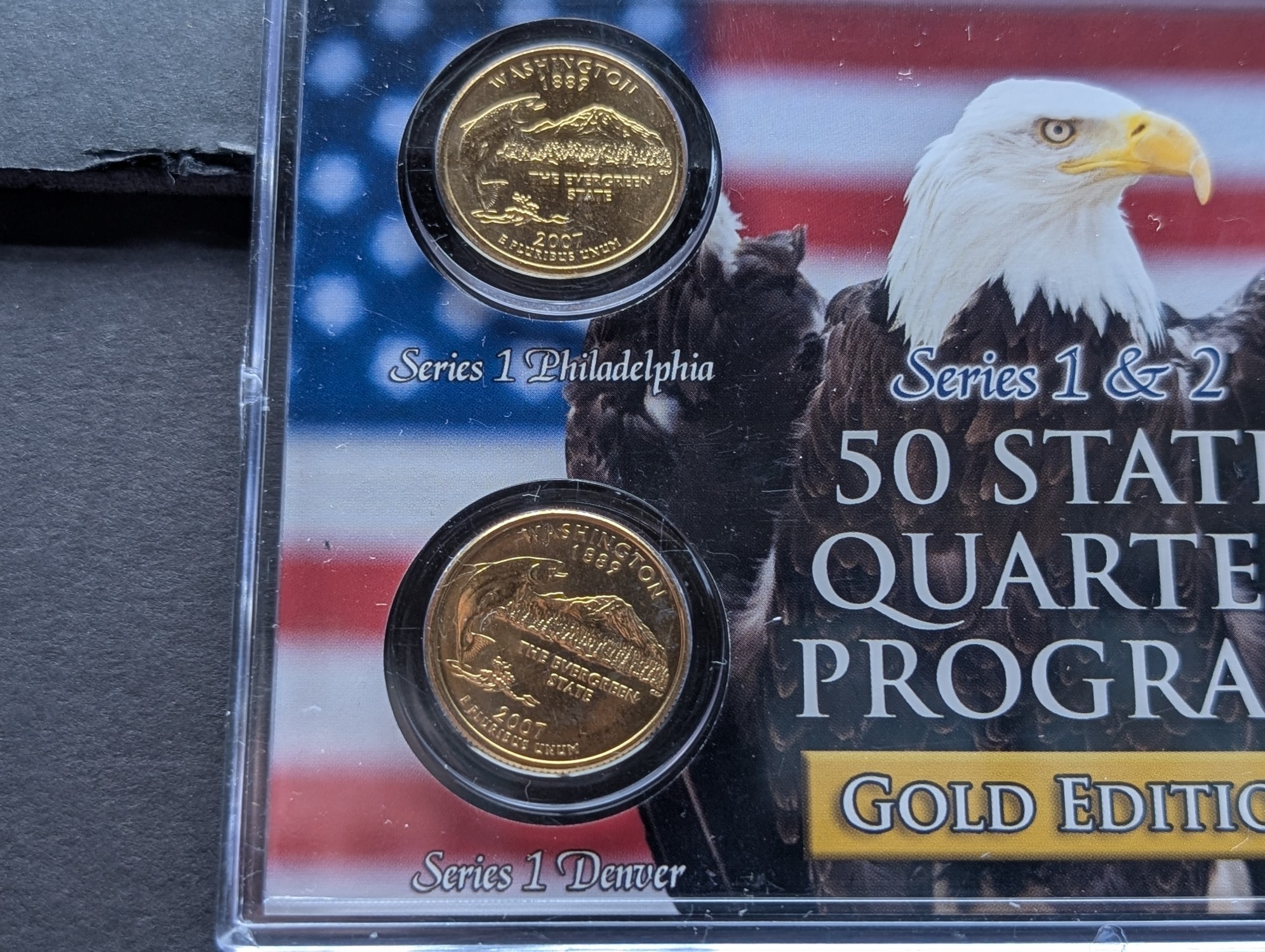 Gold (LAYERED) P&D Mint 2007 Washington Statehood & 2011 Olympic ATB Park Quarter 4-Coin Collection in Protective Plastic Case w/ COA