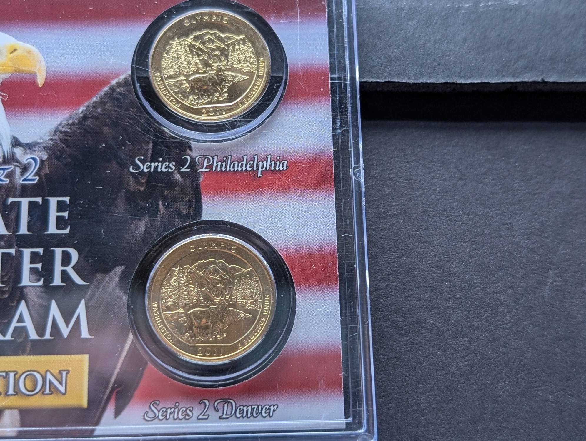 Gold (LAYERED) P&D Mint 2007 Washington Statehood & 2011 Olympic ATB Park Quarter 4-Coin Collection in Protective Plastic Case w/ COA