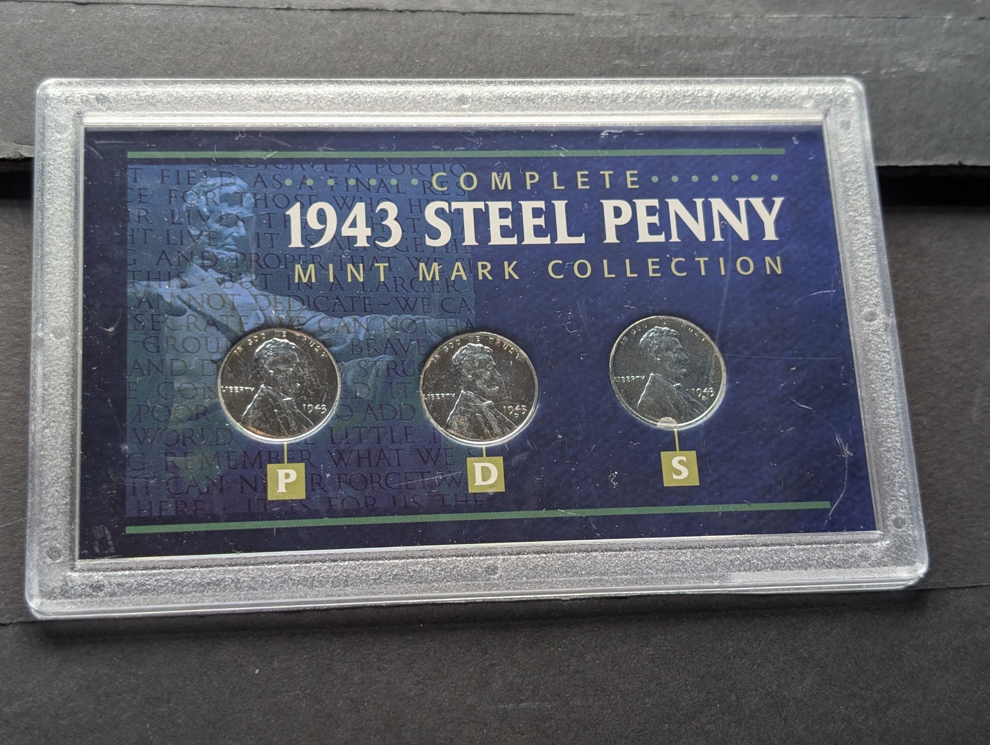 1943 P, D, & S Lincoln Steel Wheat Cent Mint Mark Collection in Display w/ COA