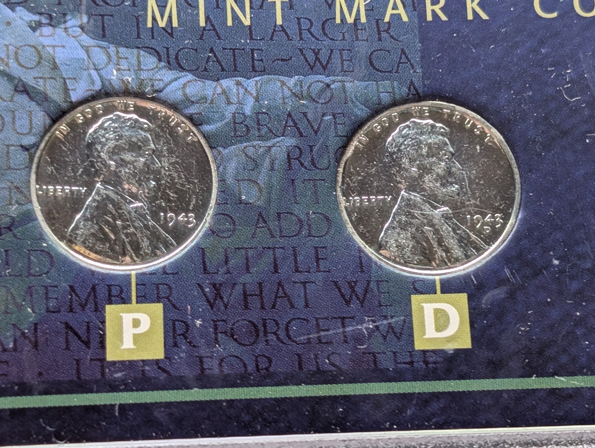 1943 P, D, & S Lincoln Steel Wheat Cent Mint Mark Collection in Display w/ COA