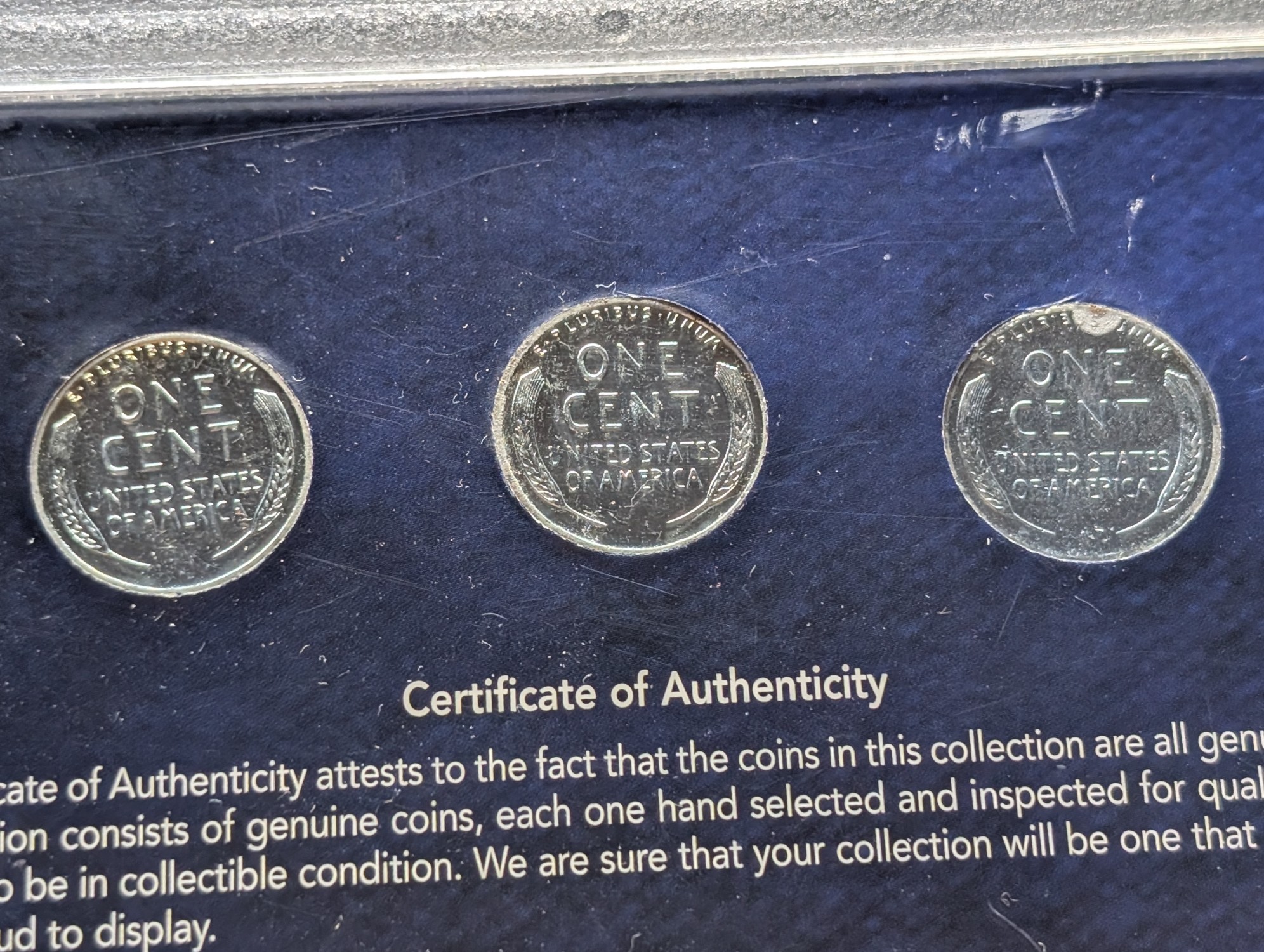1943 P, D, & S Lincoln Steel Wheat Cent Mint Mark Collection in Display w/ COA