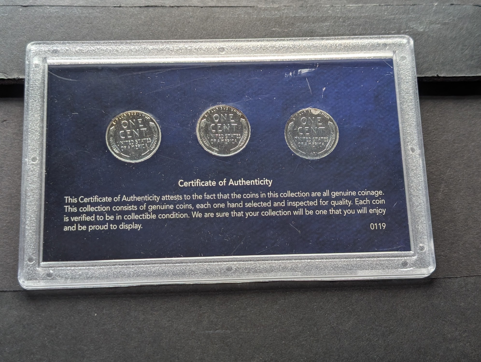 1943 P, D, & S Lincoln Steel Wheat Cent Mint Mark Collection in Display w/ COA