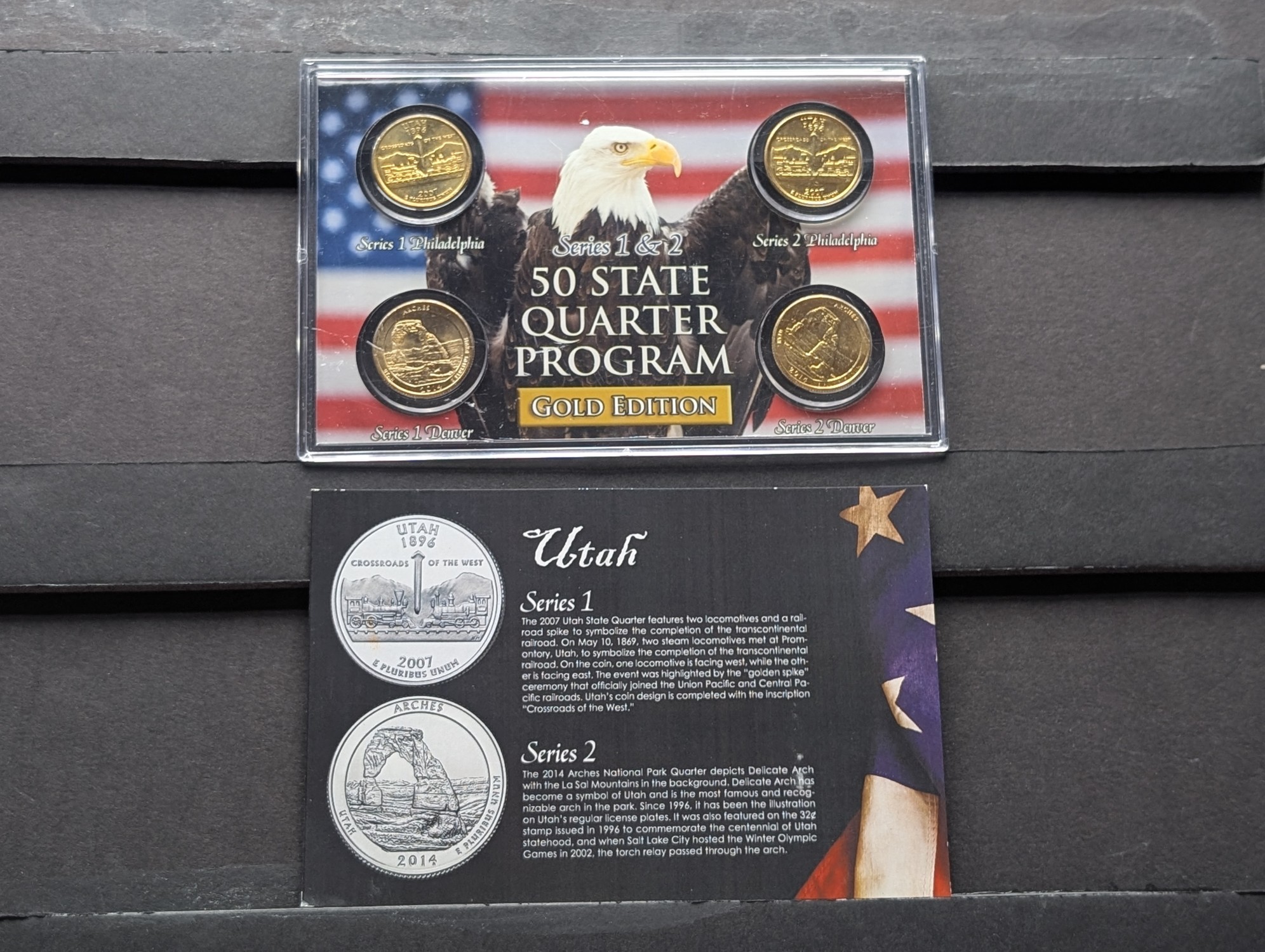 Gold (LAYERED) P&D Mint 2007 Utah Statehood & 2014 Arches ATB Park Quarter 4-Coin Collection in Protective Plastic Case w/ COA