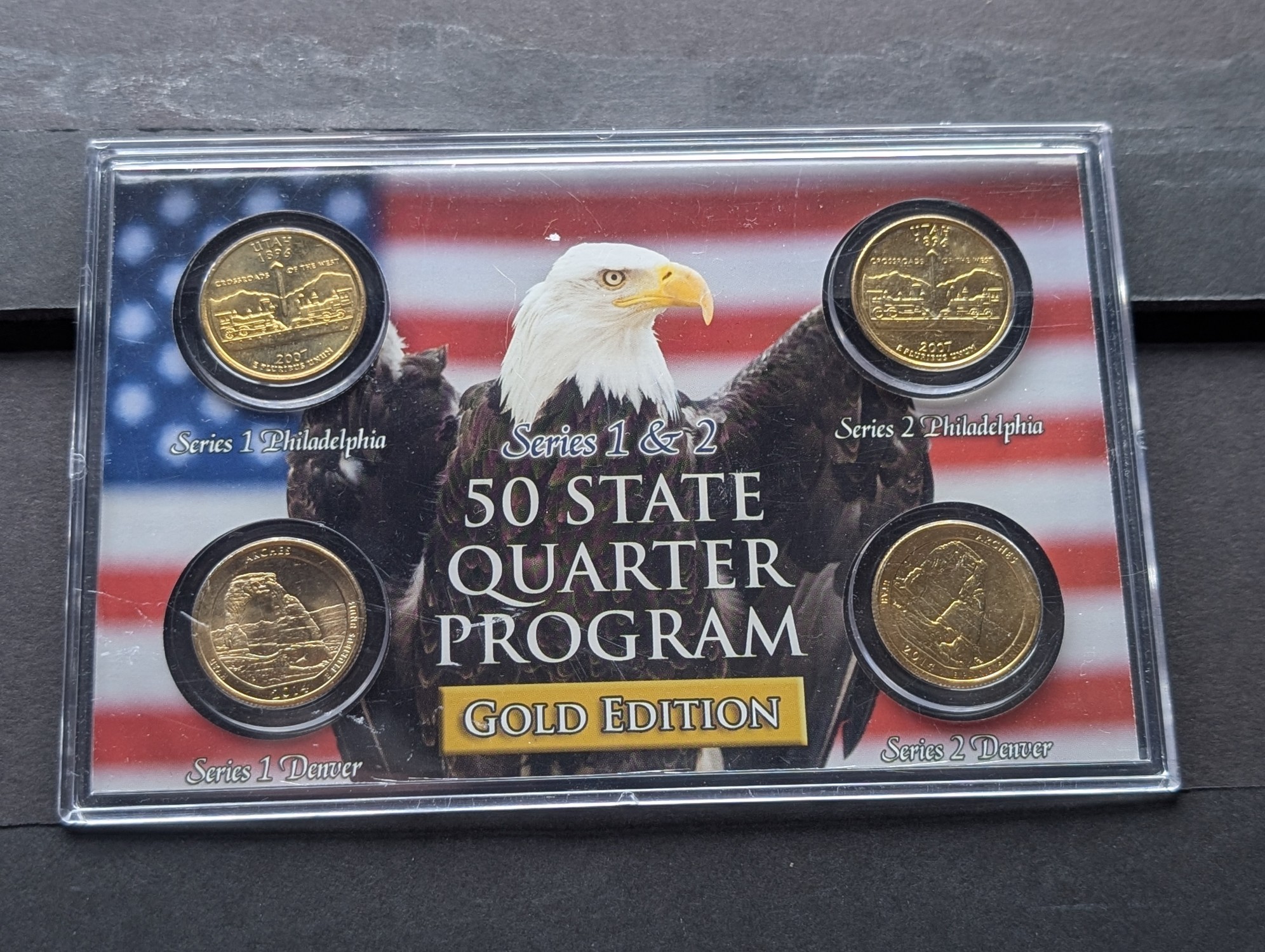 Gold (LAYERED) P&D Mint 2007 Utah Statehood & 2014 Arches ATB Park Quarter 4-Coin Collection in Protective Plastic Case w/ COA