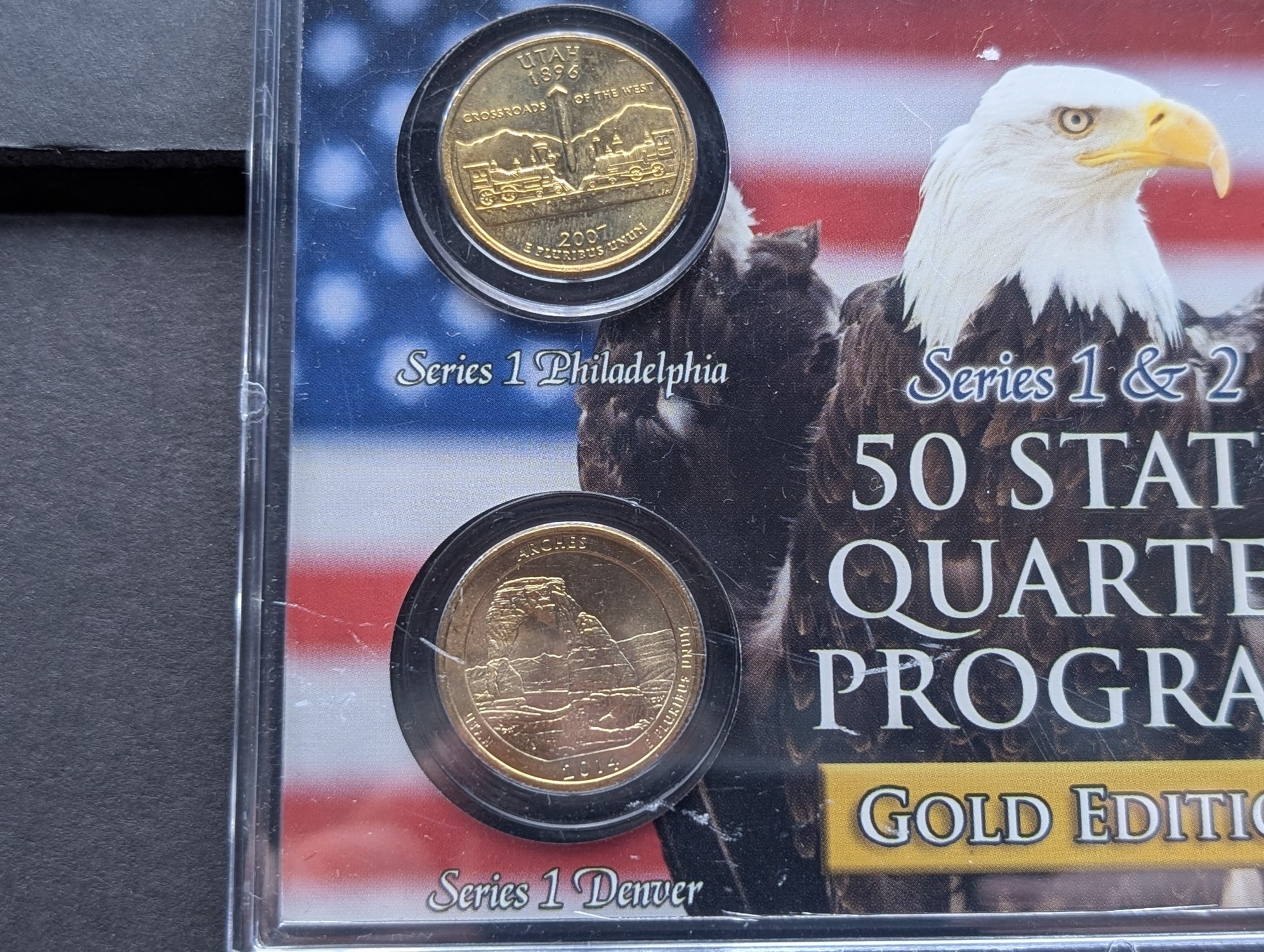 Gold (LAYERED) P&D Mint 2007 Utah Statehood & 2014 Arches ATB Park Quarter 4-Coin Collection in Protective Plastic Case w/ COA