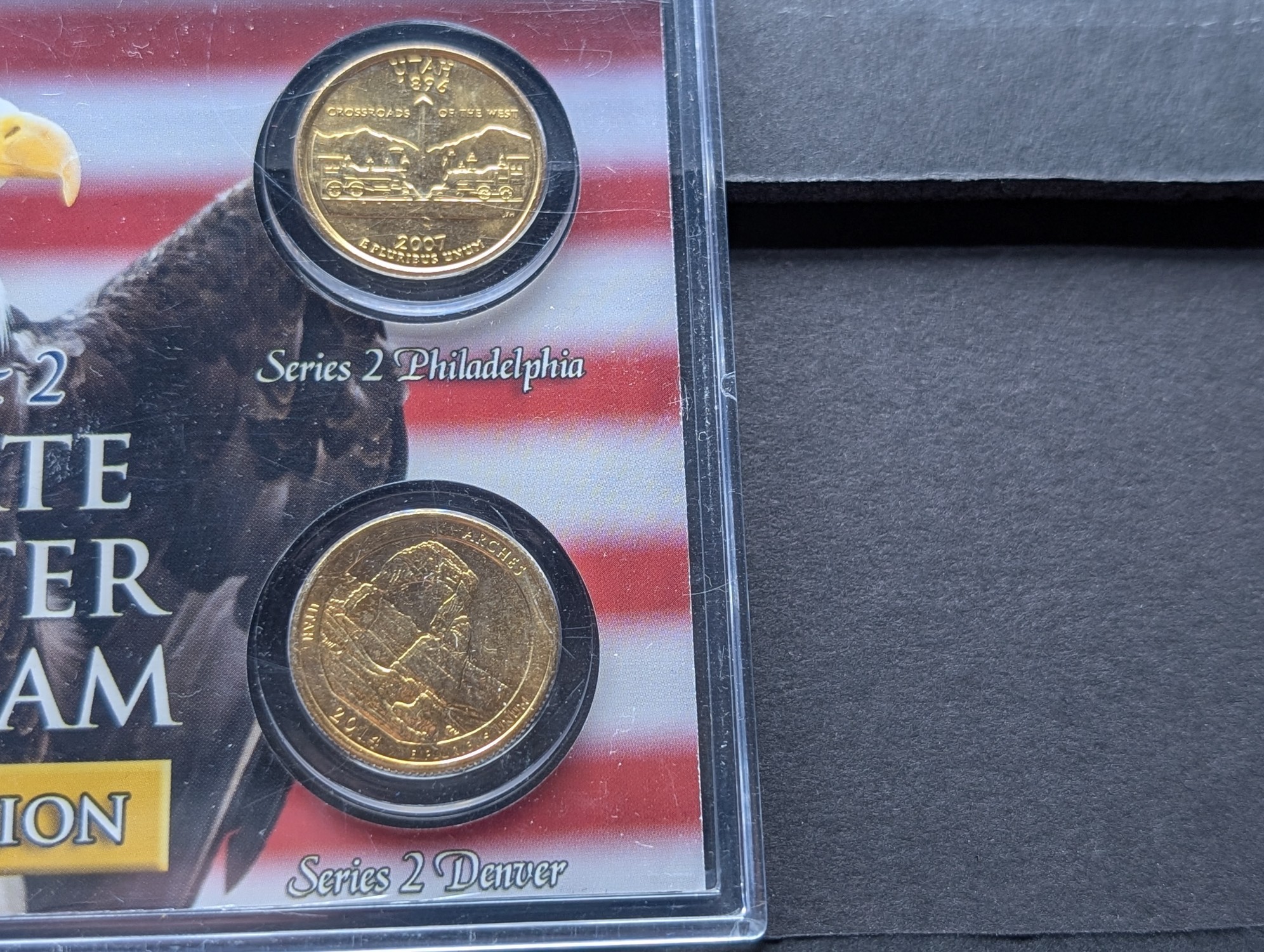 Gold (LAYERED) P&D Mint 2007 Utah Statehood & 2014 Arches ATB Park Quarter 4-Coin Collection in Protective Plastic Case w/ COA