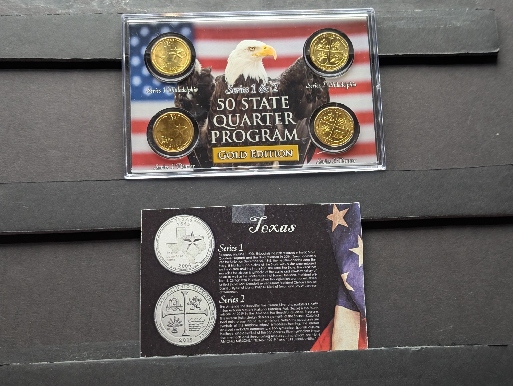Gold (LAYERED) P&D Mint 2004 Texas Statehood & 2019 San Antonio Missions ATB Park Quarter 4-Coin Collection in Protective Plastic Case w/ CO