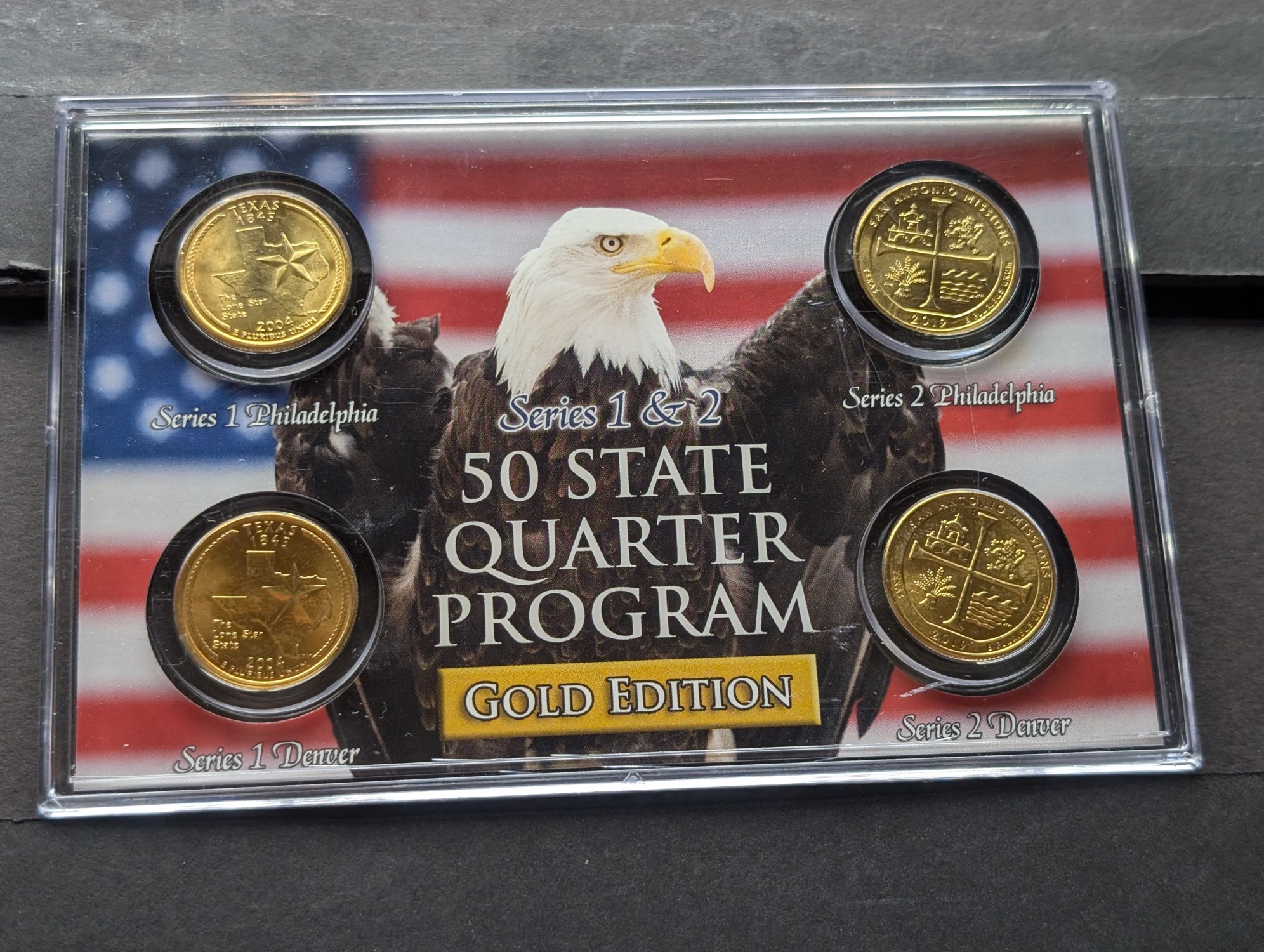 Gold (LAYERED) P&D Mint 2004 Texas Statehood & 2019 San Antonio Missions ATB Park Quarter 4-Coin Collection in Protective Plastic Case w/ CO