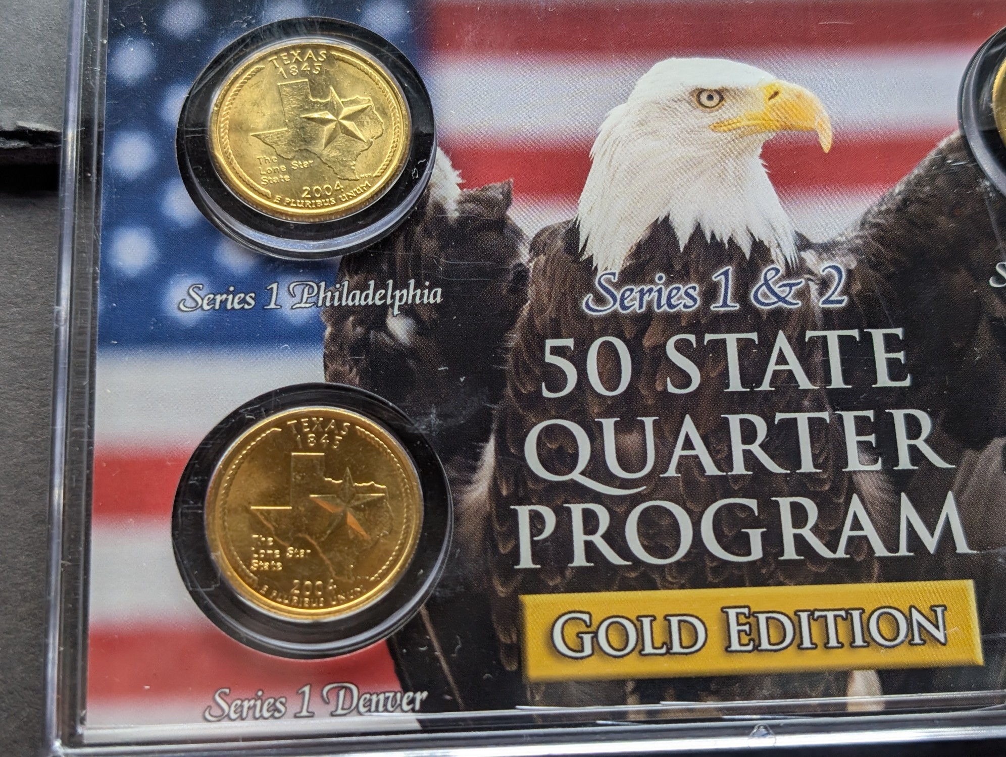 Gold (LAYERED) P&D Mint 2004 Texas Statehood & 2019 San Antonio Missions ATB Park Quarter 4-Coin Collection in Protective Plastic Case w/ CO