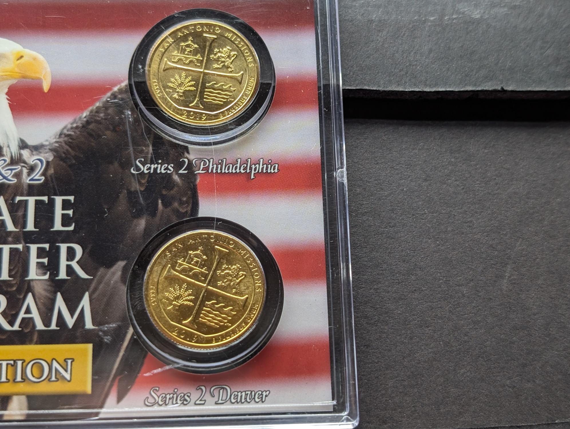 Gold (LAYERED) P&D Mint 2004 Texas Statehood & 2019 San Antonio Missions ATB Park Quarter 4-Coin Collection in Protective Plastic Case w/ CO