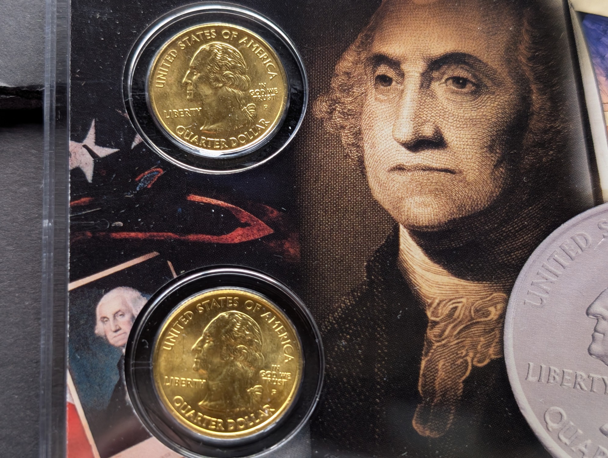 Gold (LAYERED) P&D Mint 2004 Texas Statehood & 2019 San Antonio Missions ATB Park Quarter 4-Coin Collection in Protective Plastic Case w/ CO
