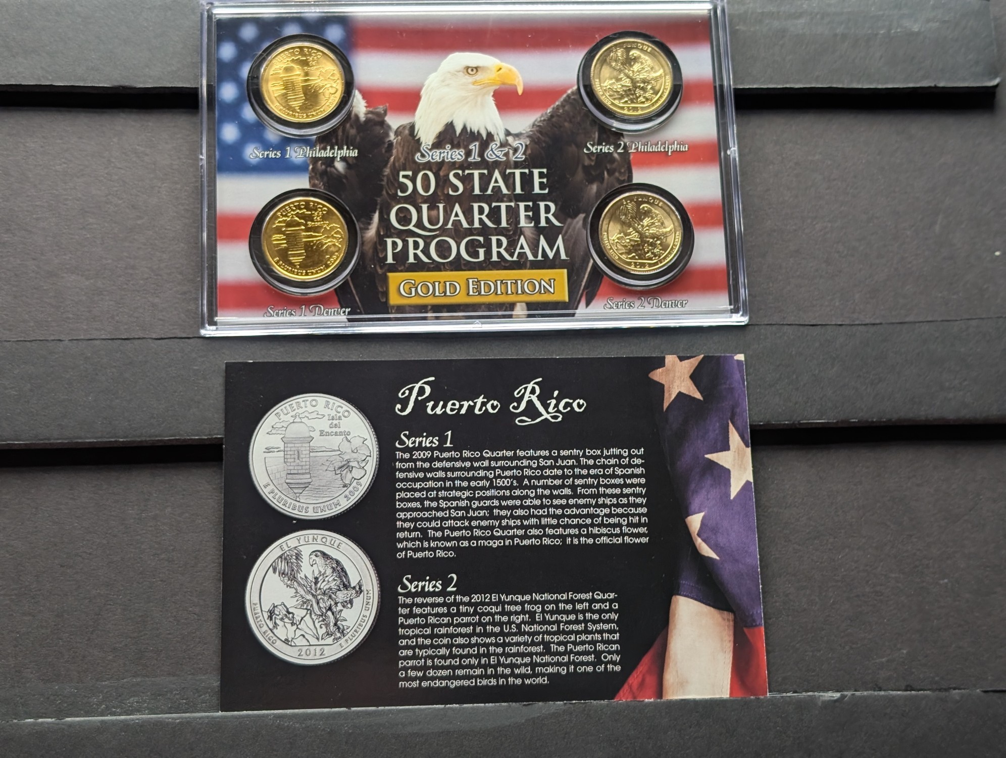 Gold (LAYERED) P&D Mint 2009 Puerto Rico U.S. Territory & 2012 El Yunque National Historic Quarter 4-Coin Collection in Protective Plastic C