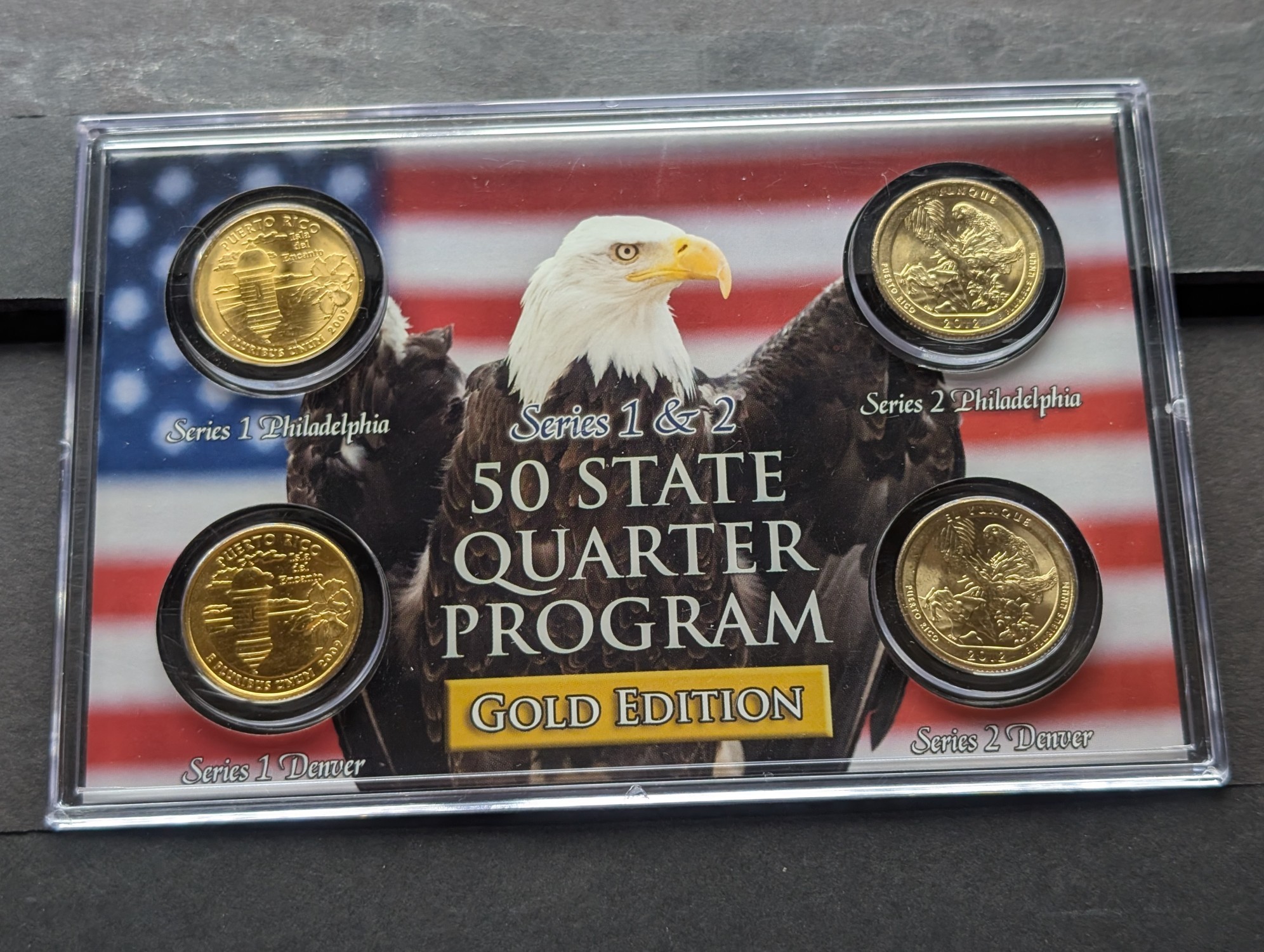 Gold (LAYERED) P&D Mint 2009 Puerto Rico U.S. Territory & 2012 El Yunque National Historic Quarter 4-Coin Collection in Protective Plastic C
