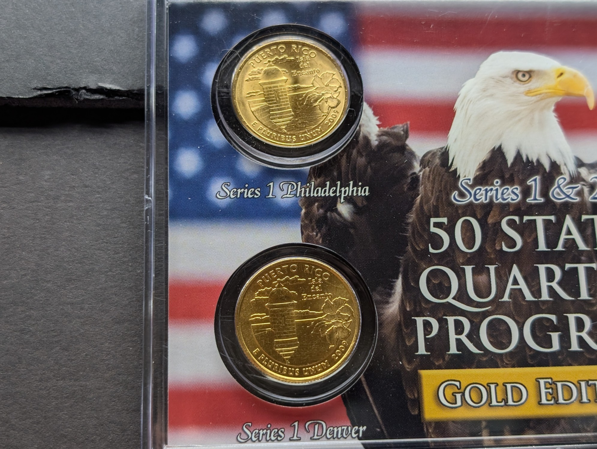 Gold (LAYERED) P&D Mint 2009 Puerto Rico U.S. Territory & 2012 El Yunque National Historic Quarter 4-Coin Collection in Protective Plastic C