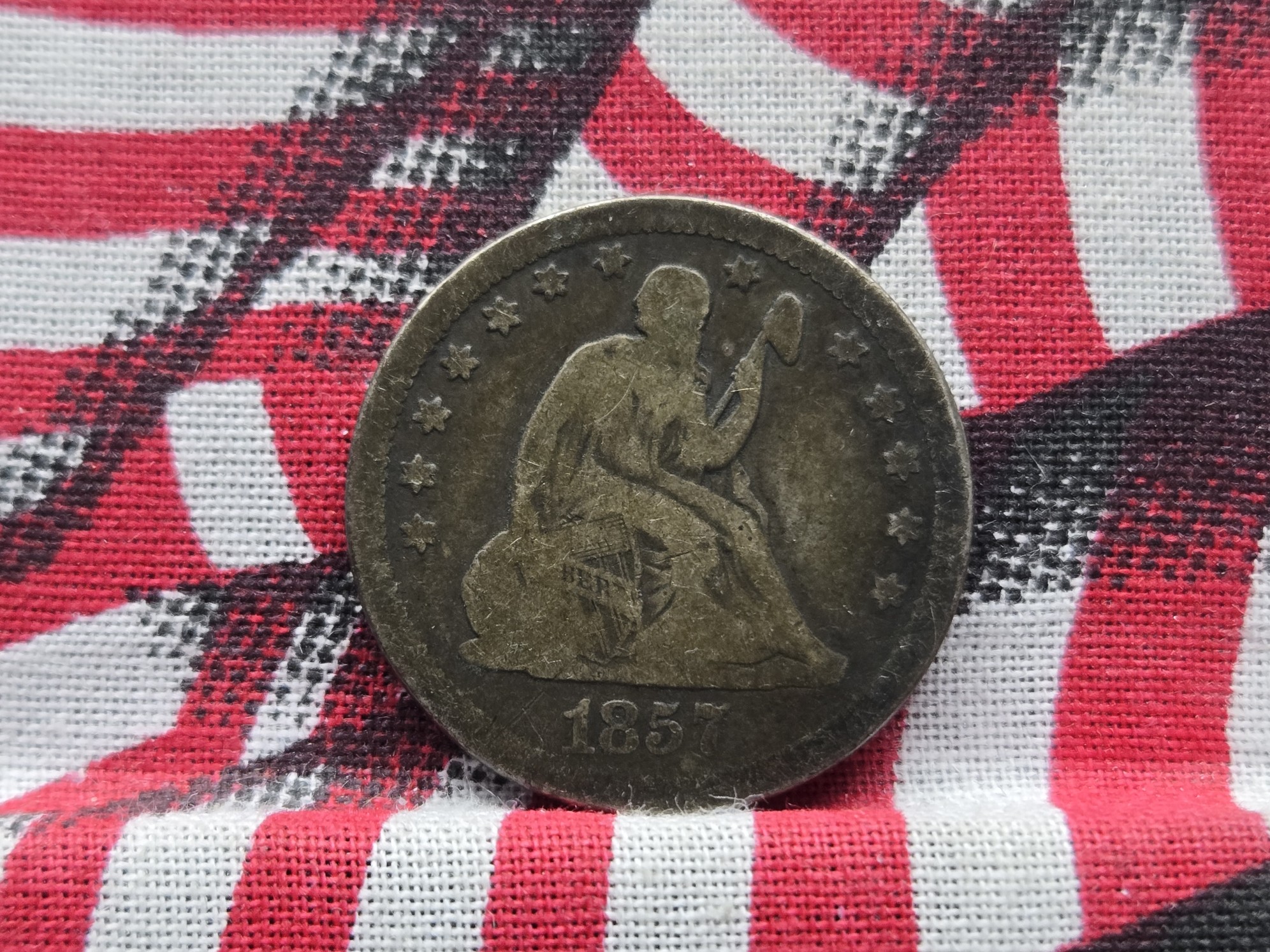 1857 w/ Drapery Seated Liberty 90% Silver Quarter - Good!