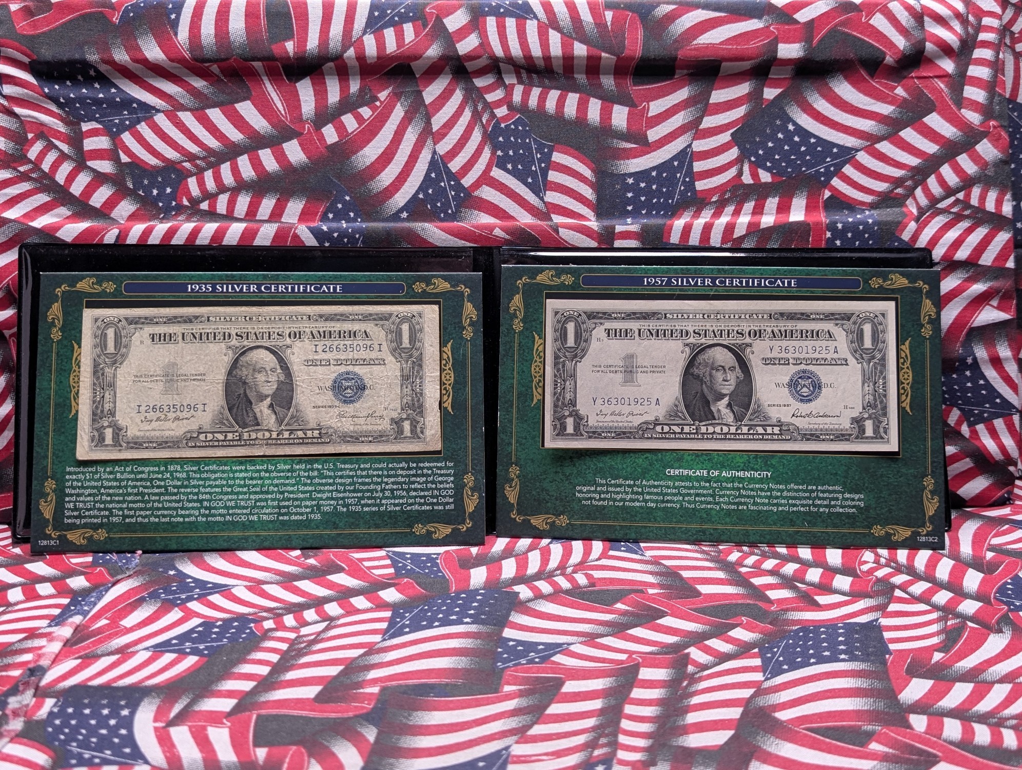 1935 & 1957 $1 Silver Certificates In Display w/ COA