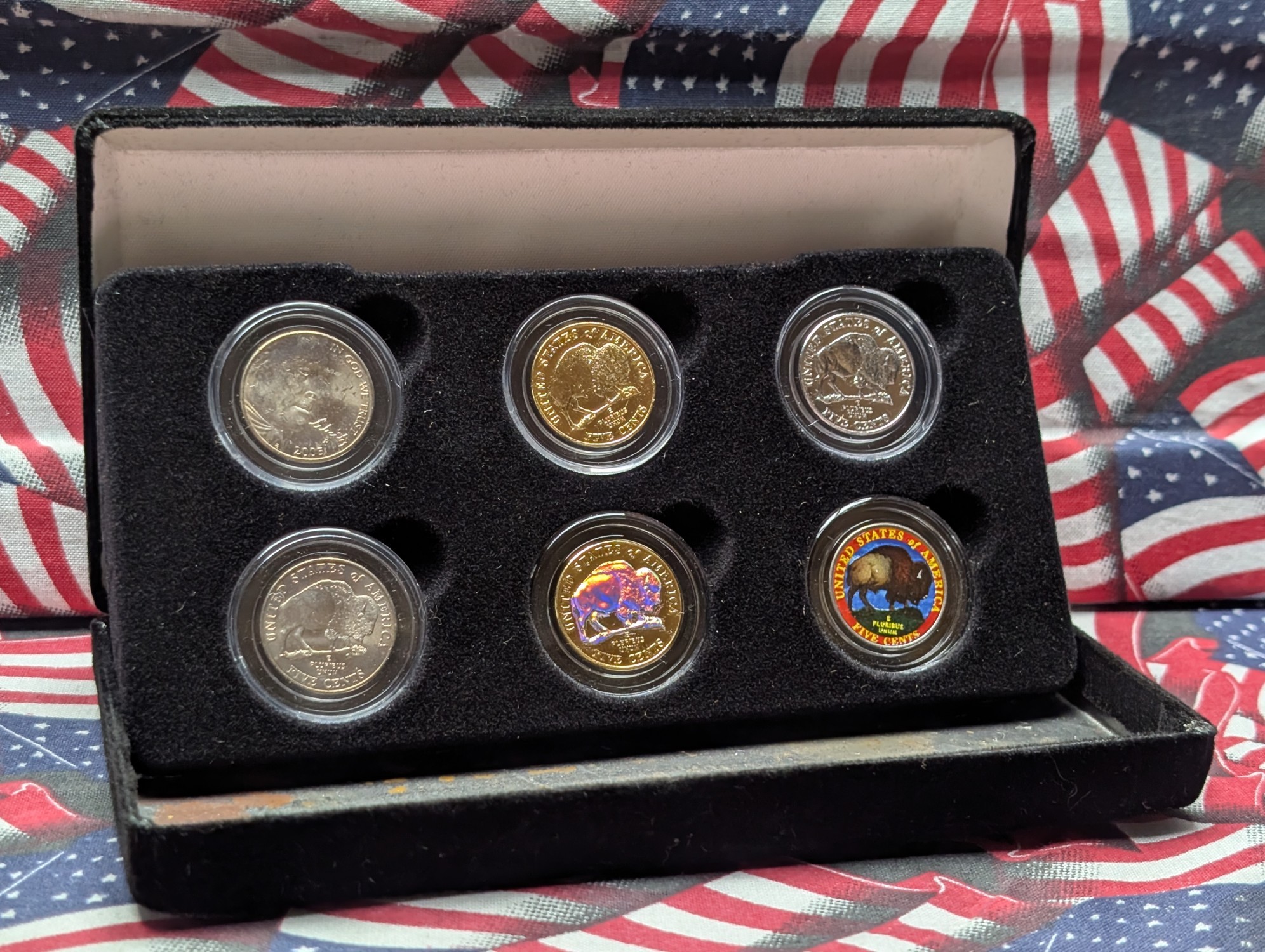 (6) (LAYERED/Colorized) 2005 Jefferson Bison Nickels in Display