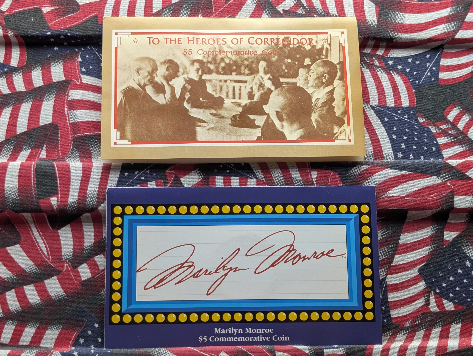 1992 Marshall Islands $5 To The Heroes of Corregidor & 1995 Marshall Islands $5 Marilyn Monroe - Both in Info Displays w/ COA