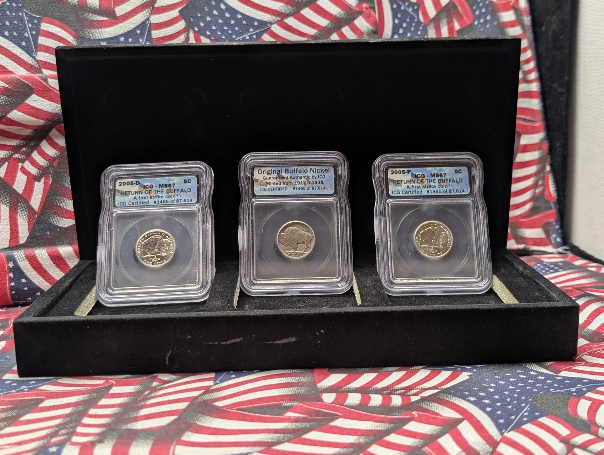 2005-P&D Jefferson Bison Nickels - Both ICG Cert. MS67 First Strike & 1935 Indian Head Buffalo Nickel - ICG Cert. Authentic in Display Box (
