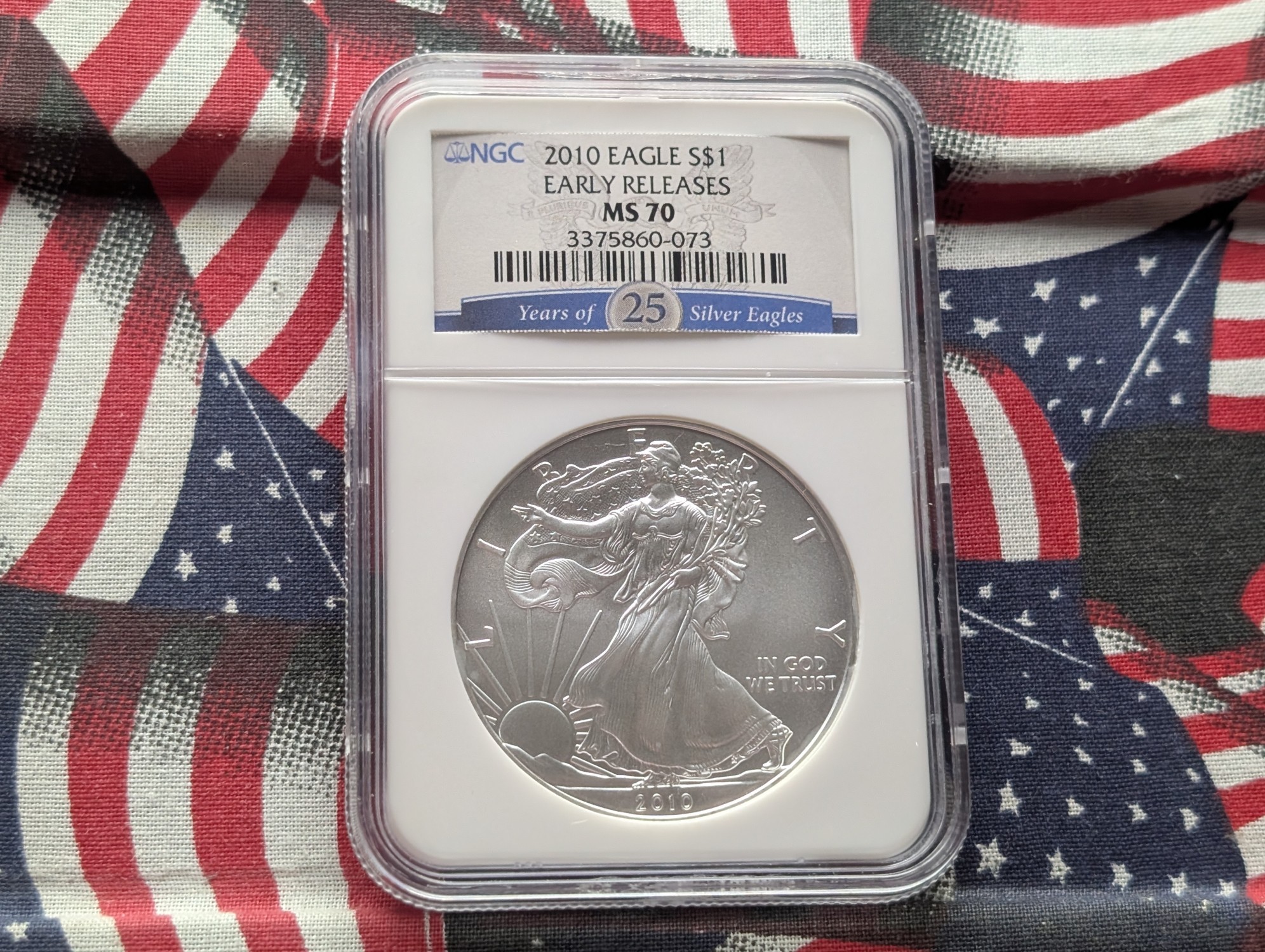 2010 American Silver Eagle 1 Troy Oz. .999 Silver - NGC MS70 Early Release - 25th Anniv., Top Pop