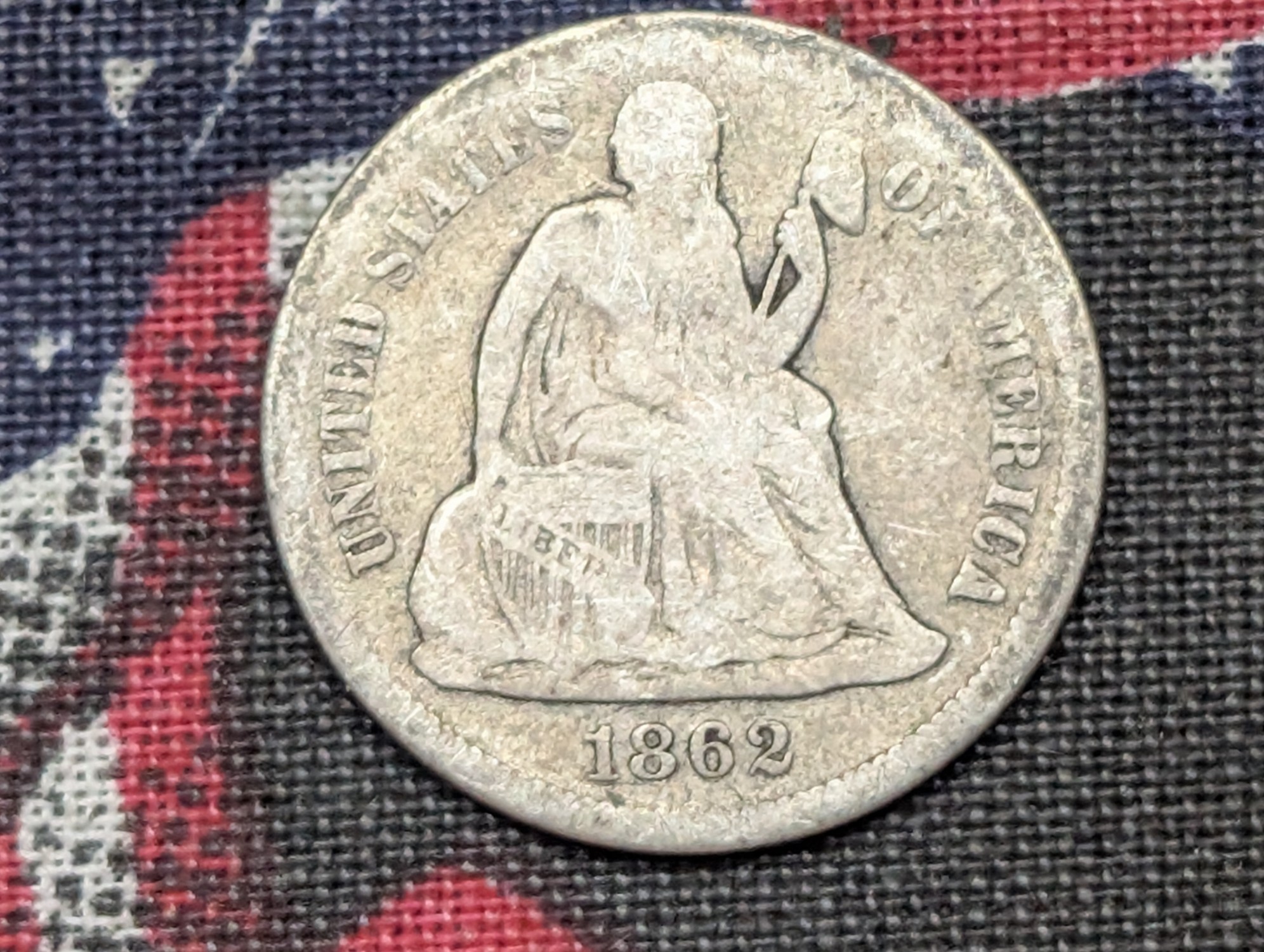 1862-S w/ Legend Seated Liberty 90% Silver Dime - VG+