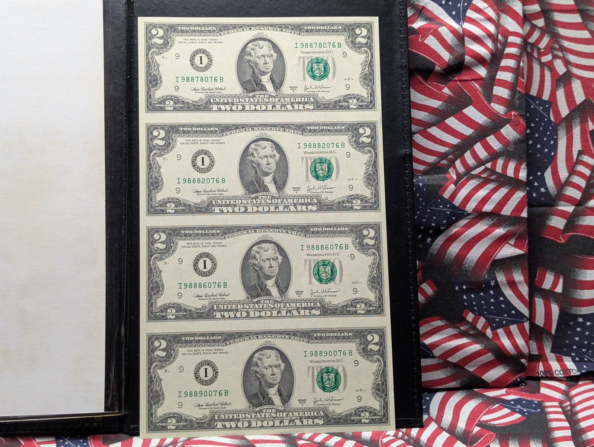 (4) Uncut 2003 A Series $2 Notes Minneapolis, Minnesota FRN in Display w/ COA