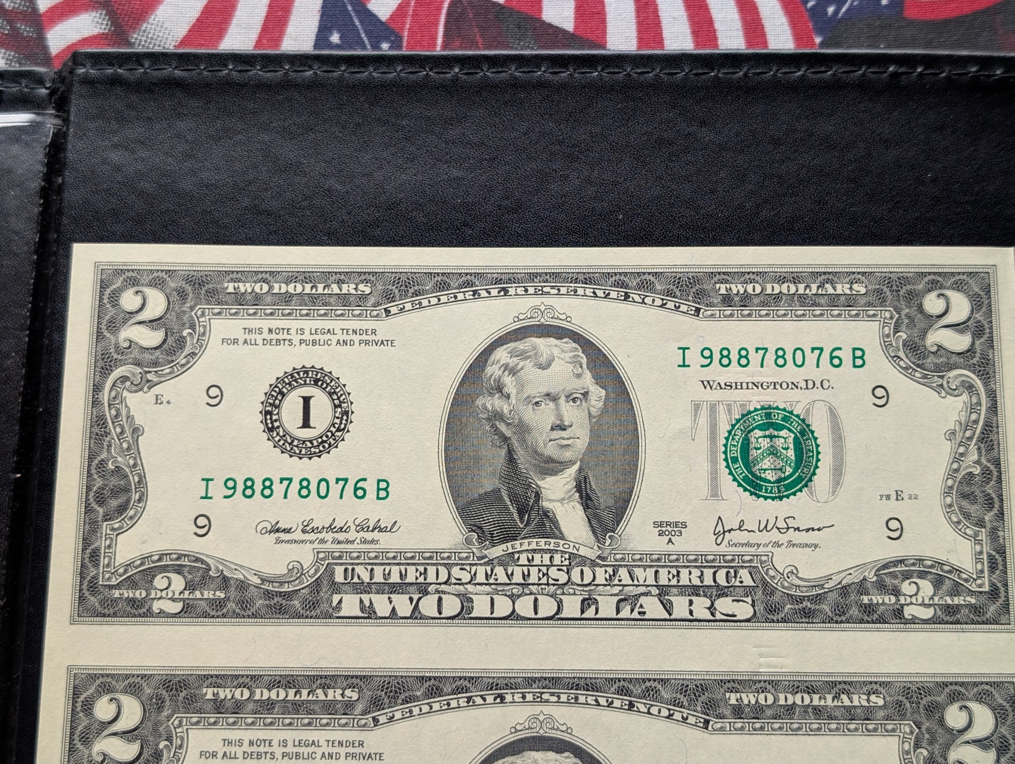 (4) Uncut 2003 A Series $2 Notes Minneapolis, Minnesota FRN in Display w/ COA