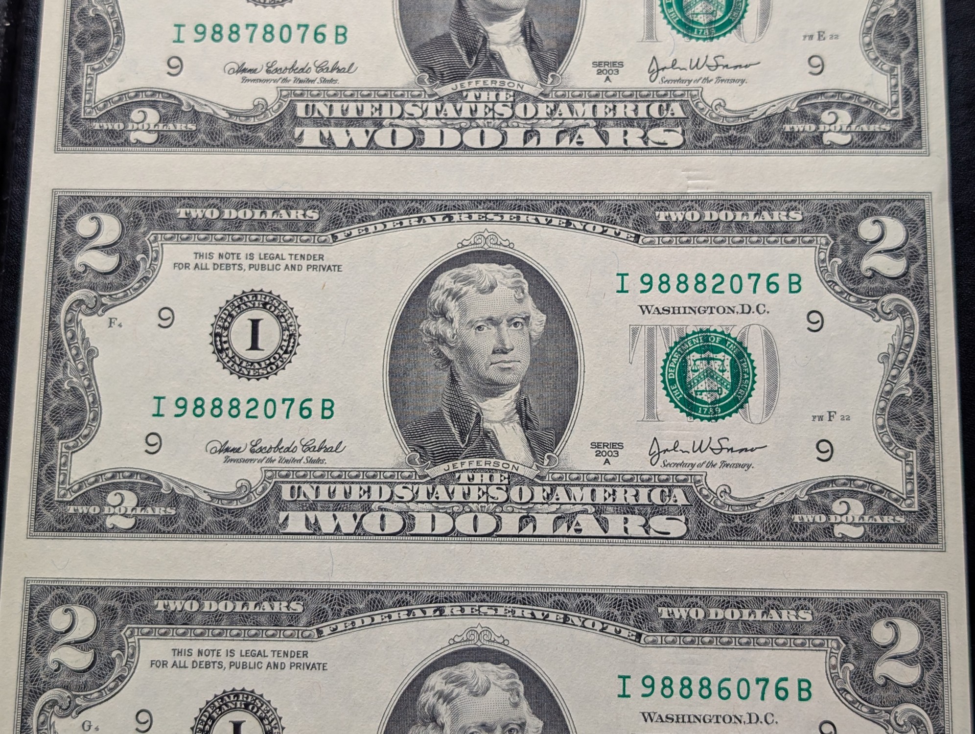 (4) Uncut 2003 A Series $2 Notes Minneapolis, Minnesota FRN in Display w/ COA