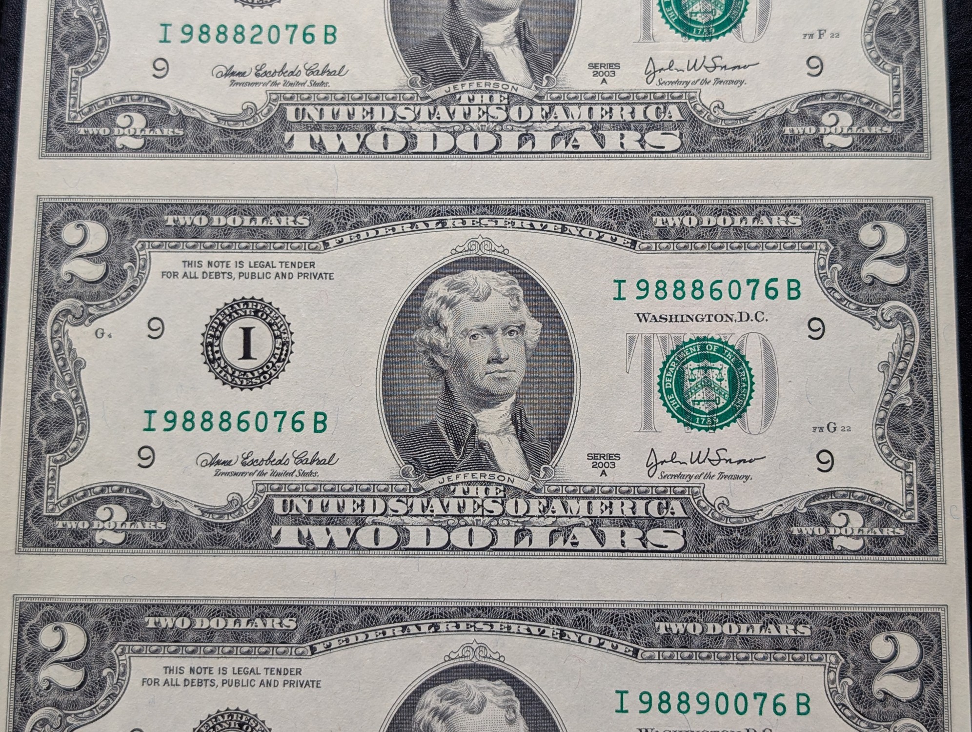 (4) Uncut 2003 A Series $2 Notes Minneapolis, Minnesota FRN in Display w/ COA