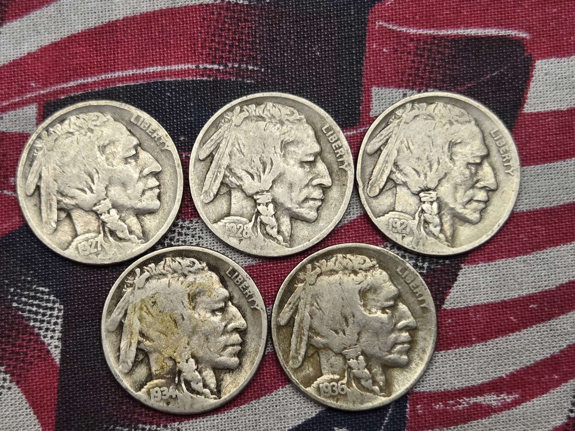 1921, 1927, 1928-D, 1934-D and 1936-D Indian Head Buffalo Nickels