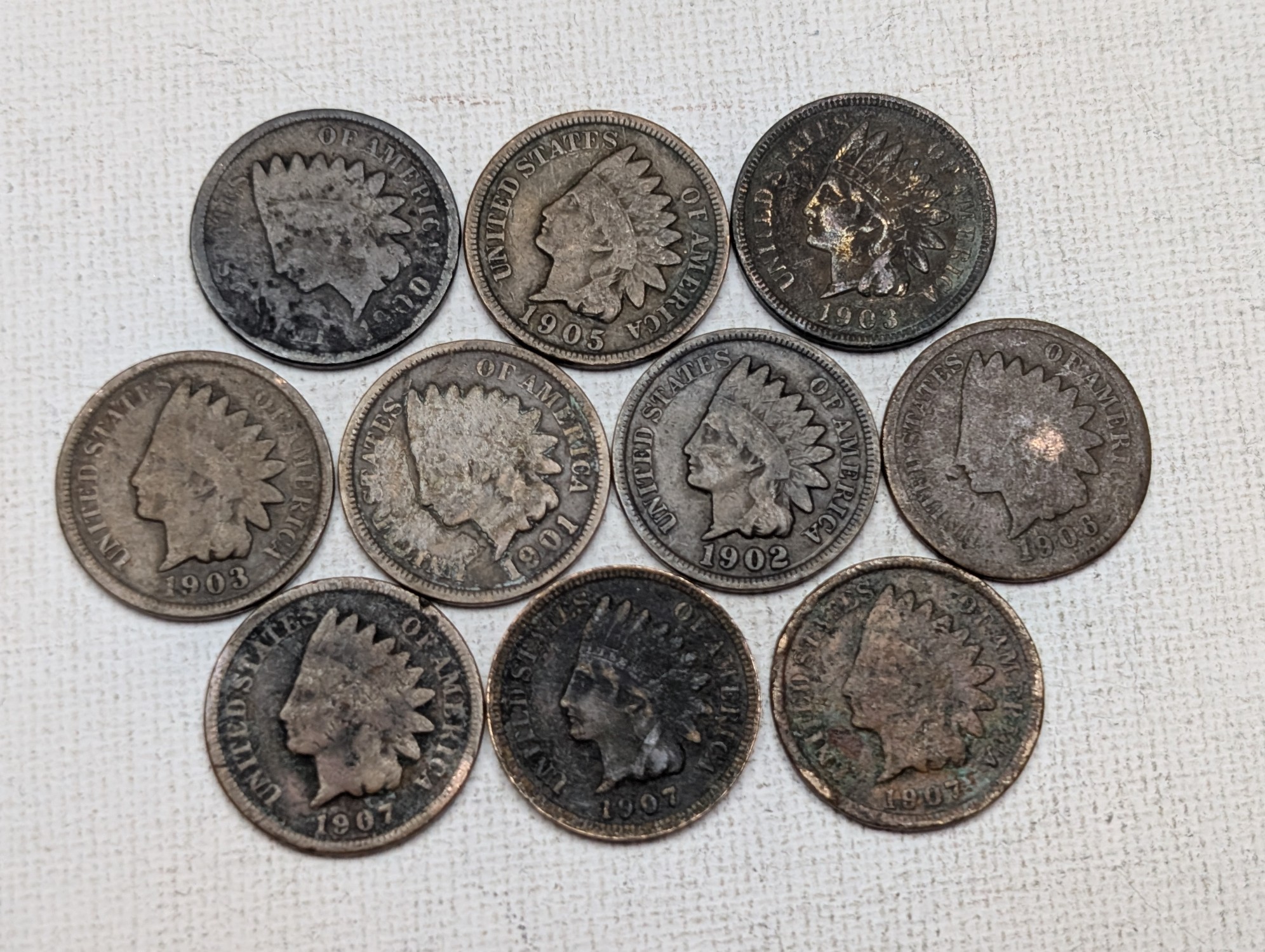 1900, 1901, 1902, (2) 1903, 1905, 1906, & (3) 1907 Indian Head Cents
