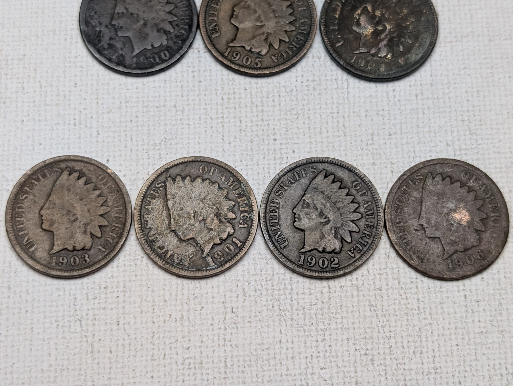 1900, 1901, 1902, (2) 1903, 1905, 1906, & (3) 1907 Indian Head Cents