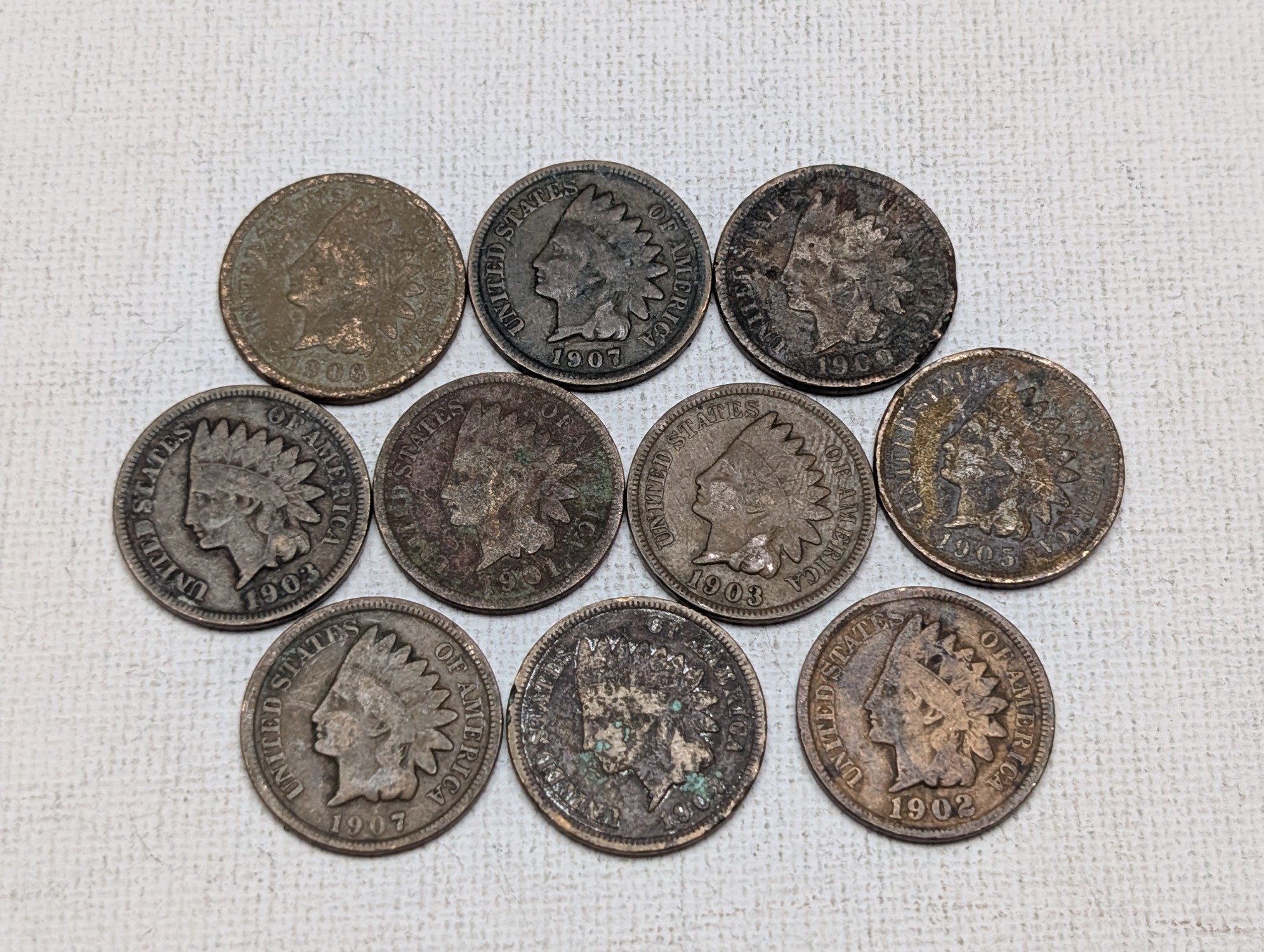 1900, 1901, 1902, (2) 1903, 1905, 1906, & (3) 1907 Indian Head Cents