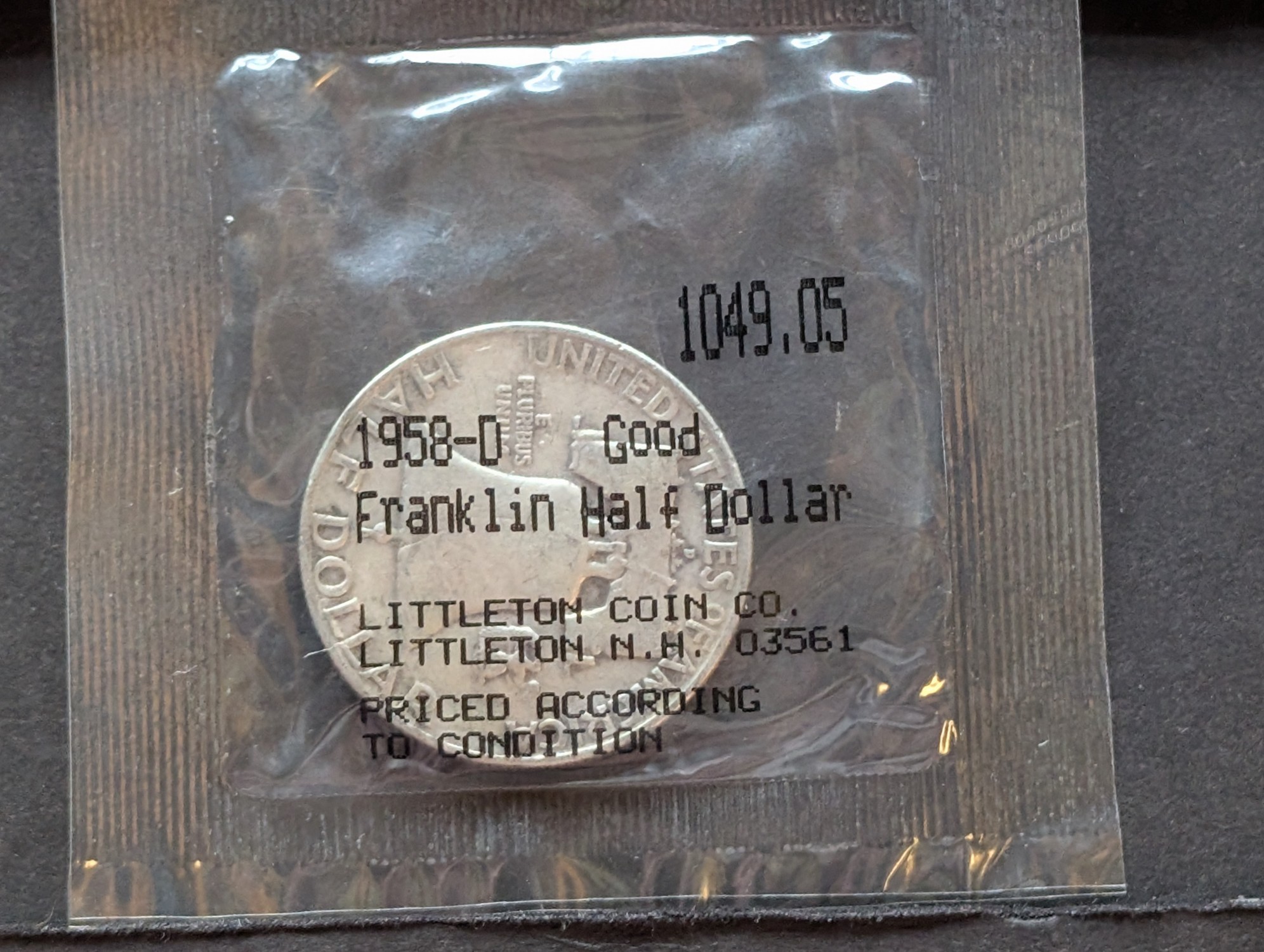1958-D Franklin 90% Silver Half Dollar - Littleton Coin Packaging - Good Condition