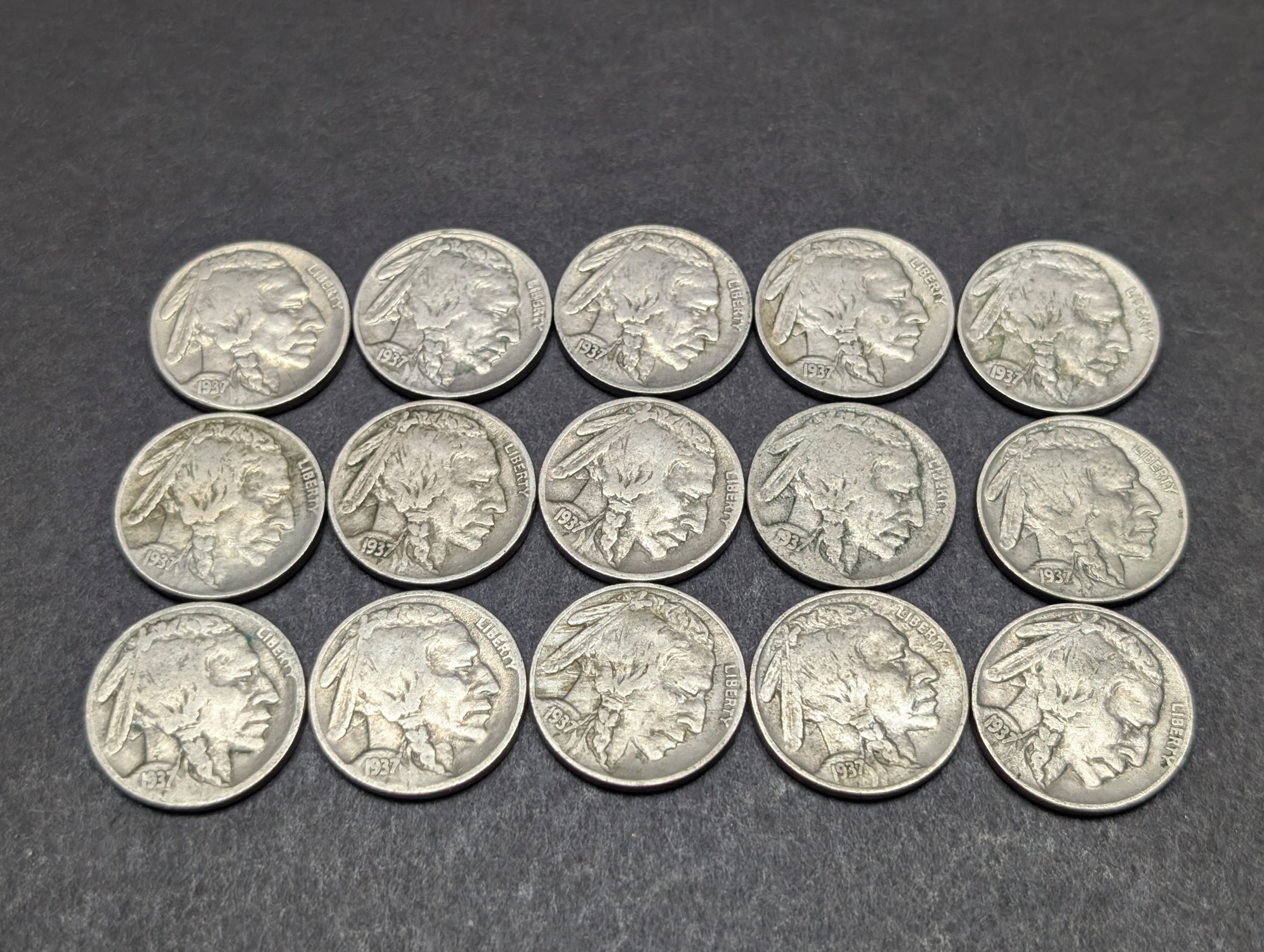(15) 1937 P, D, & S Indian Head Buffalo Nickels