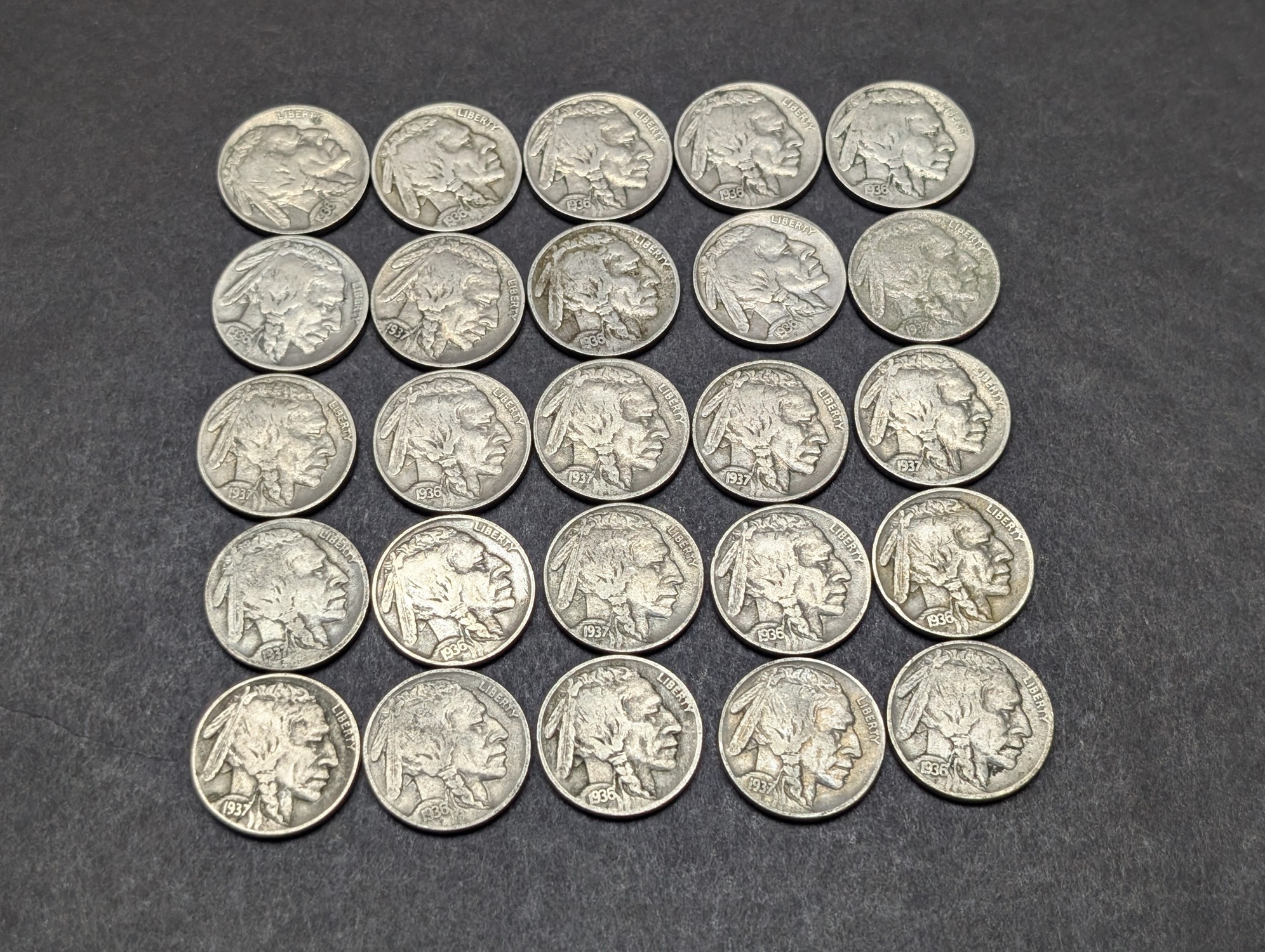 (25) 1936 & 1937 Indian Head Buffalo Nickels