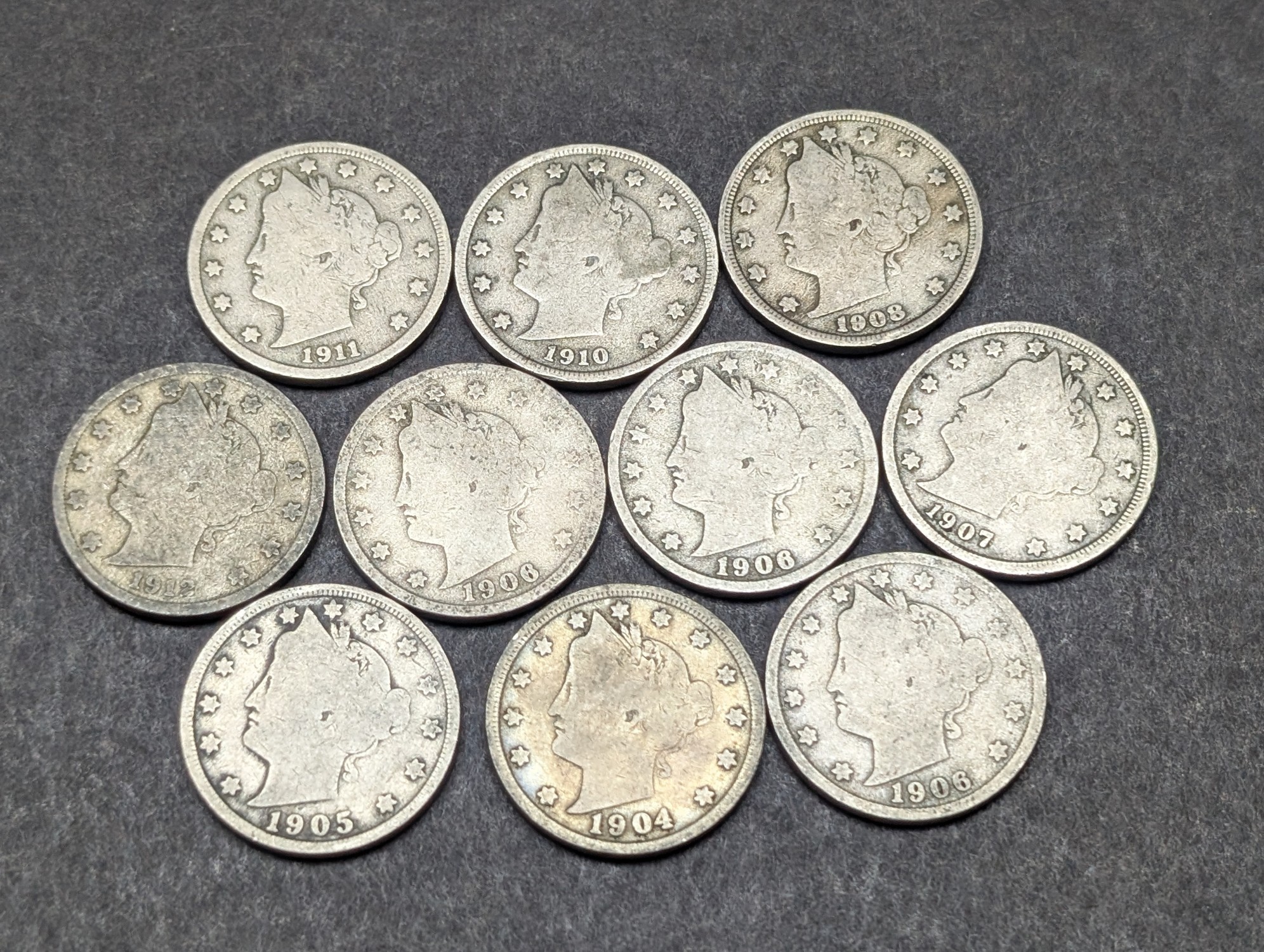 1904, 1905, (3) 1906, 1907, 1908, 1910, 1911, 1912 Liberty Head V Nickels